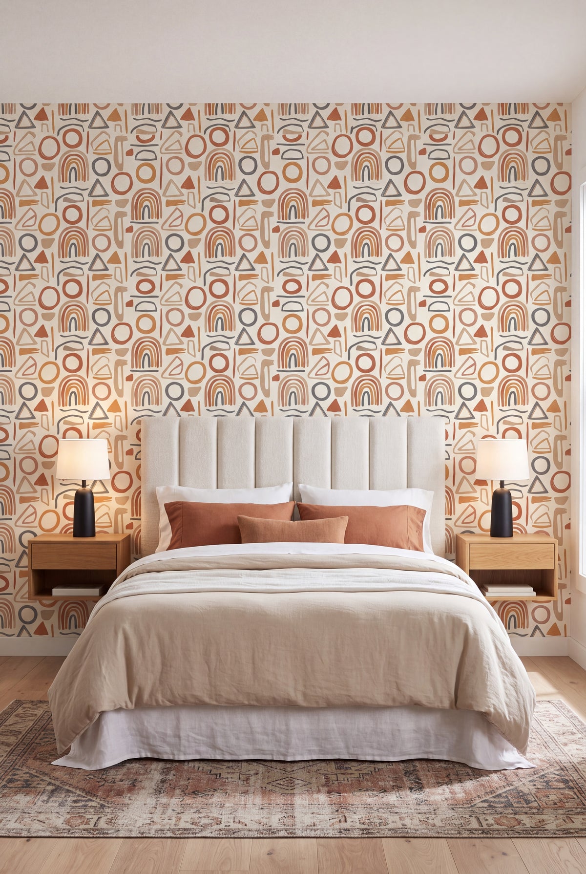 Clay Marks wallpaper in terracotta, taupe and charcoal on cream on a bedroom wall.