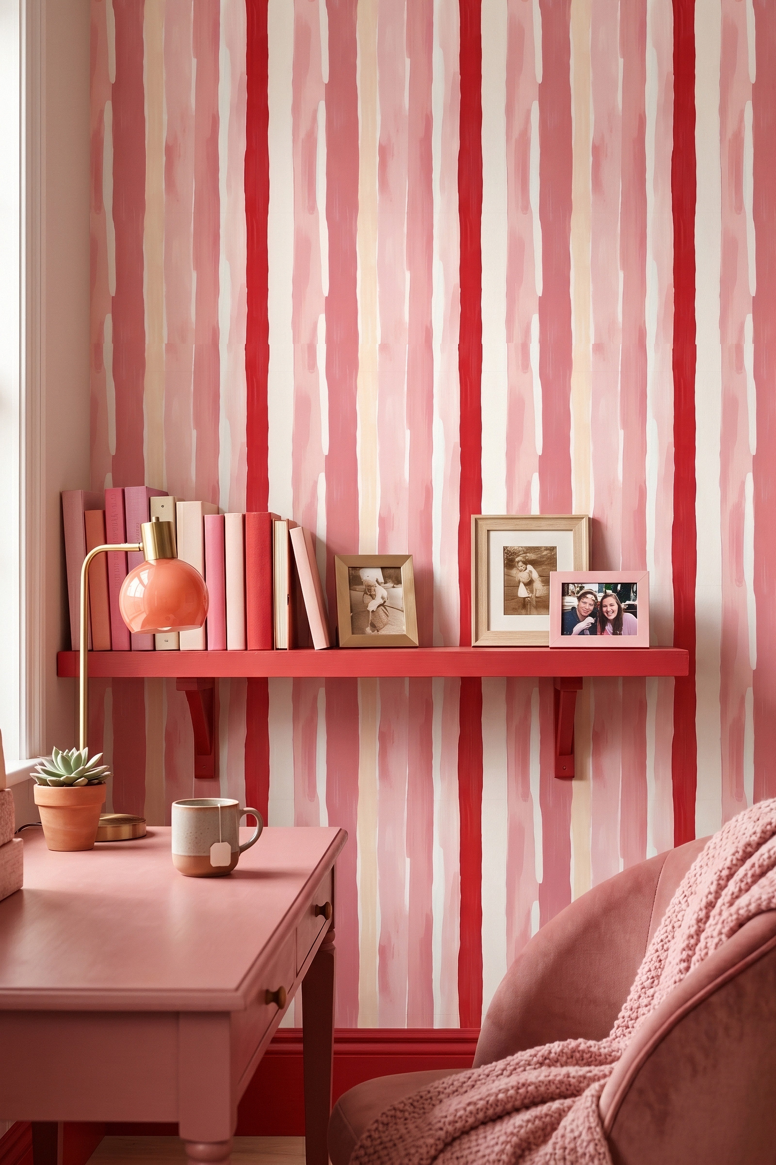 Soft pink watercolor stripe wallpaper with hand-brushed edges in a home office.