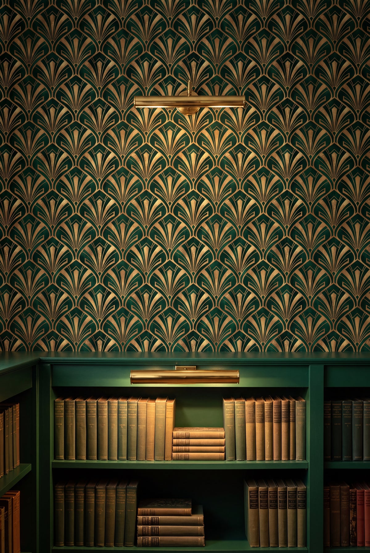 Emerald Plume wallpaper shown in a library