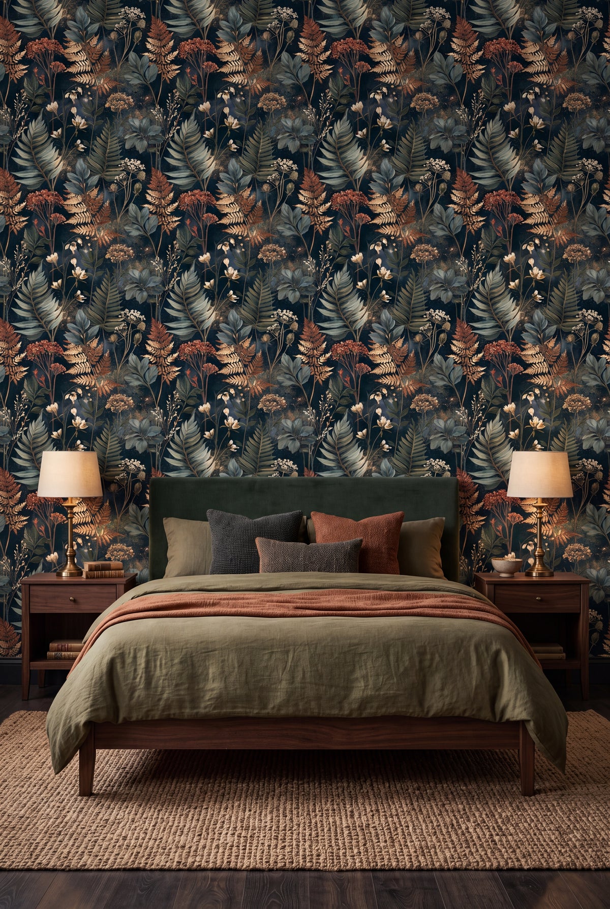 Coral Fernery wallpaper shown in a bedroom