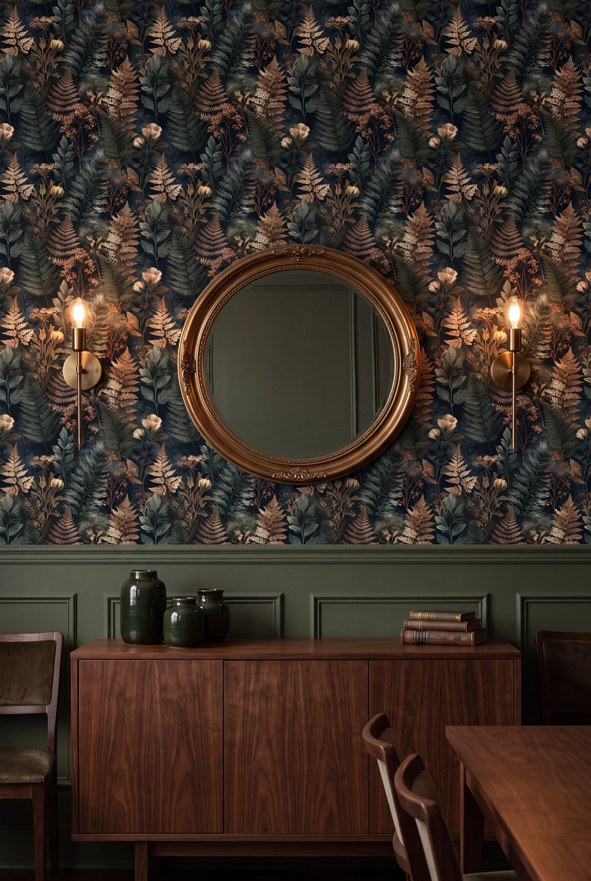 Golden Fernery wallpaper shown in a dining room