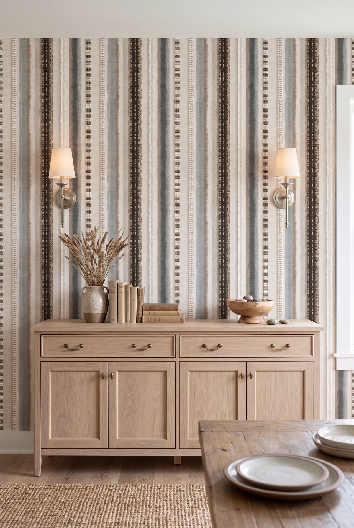 Sage Ticking wallpaper shown in a dining room