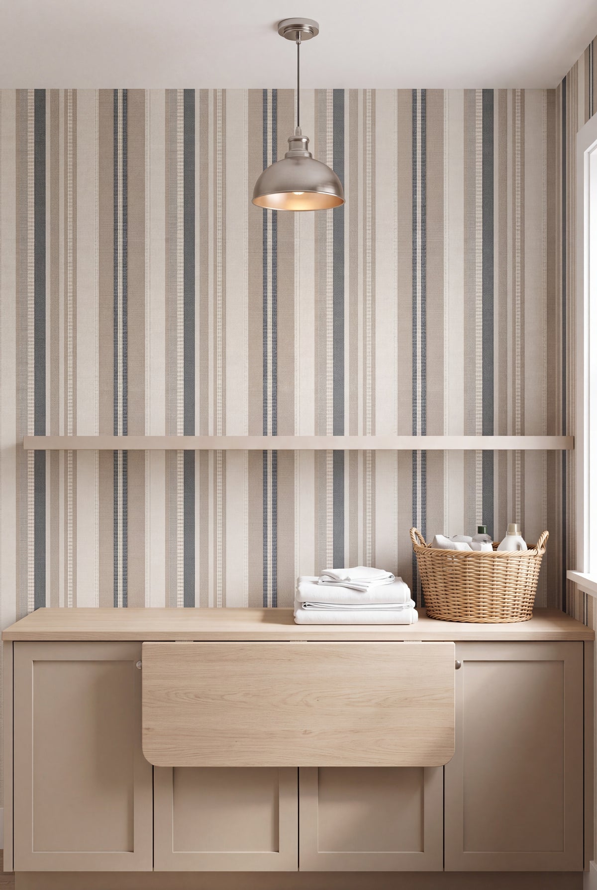 Harbor Ticking wallpaper shown in a laundry room