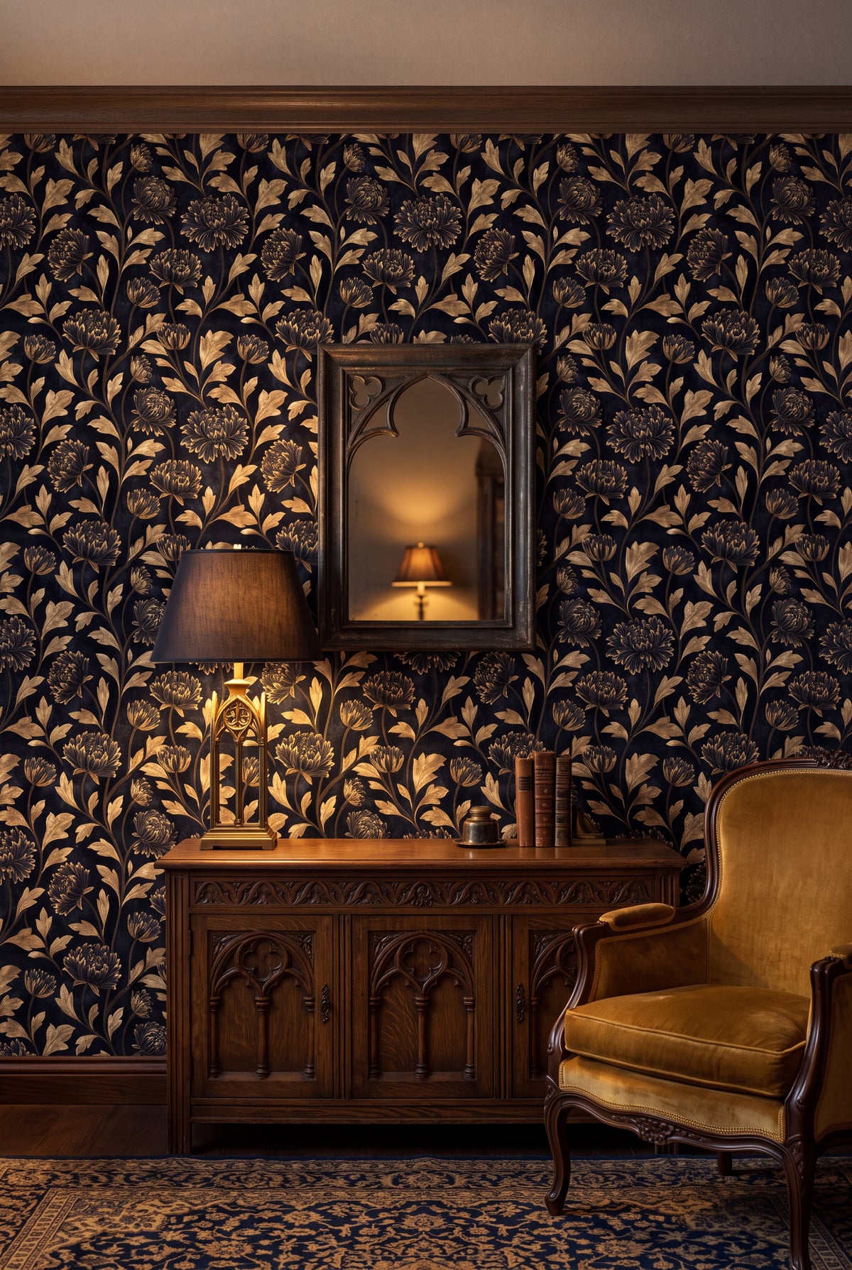 Thistle Nocturne wallpaper shown in a living room