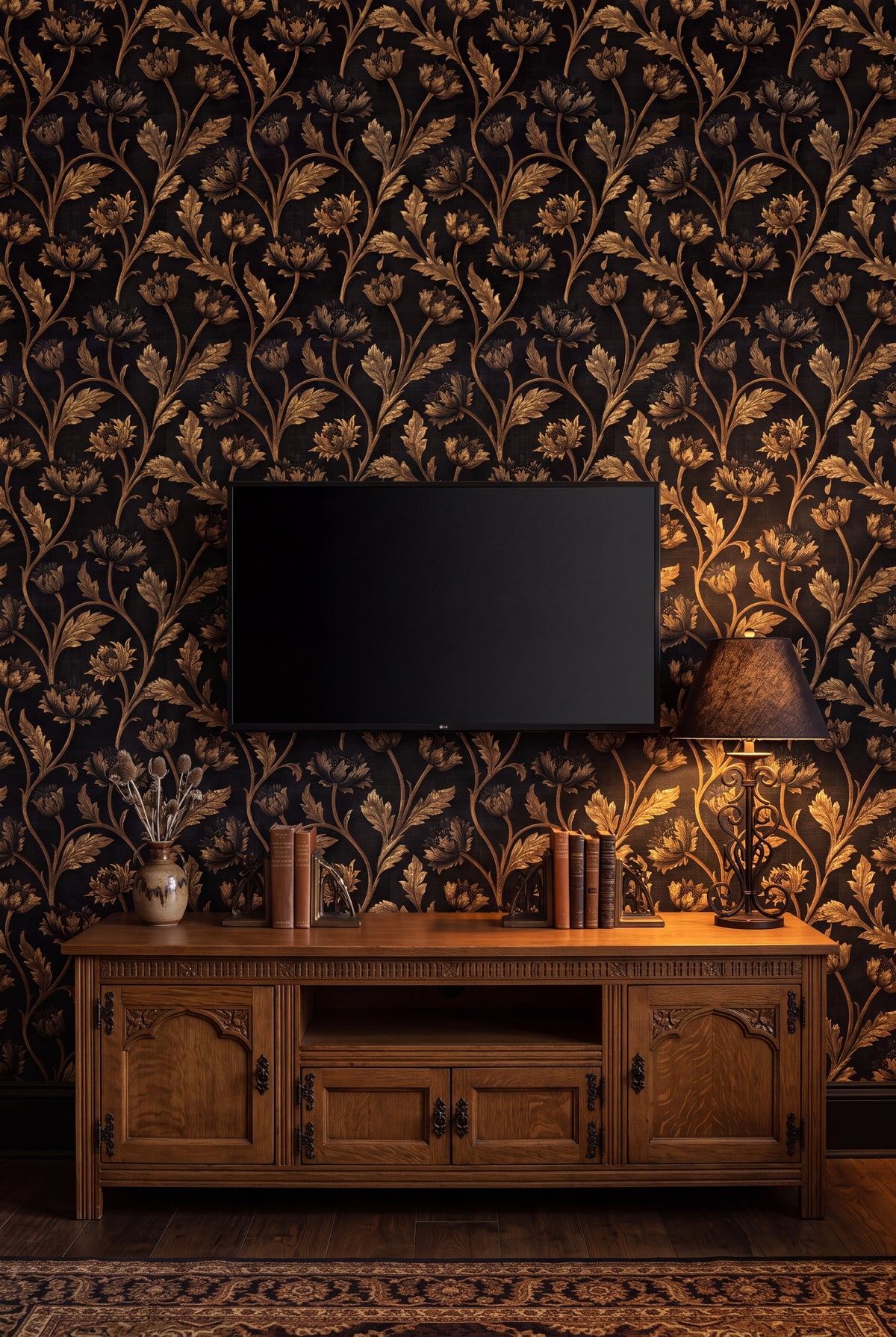 Brass Poppy wallpaper shown in a media room