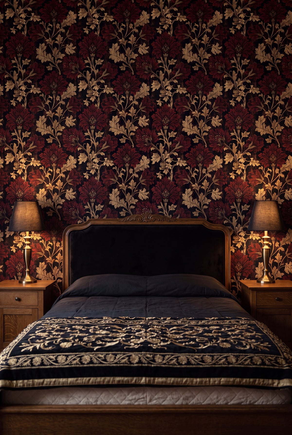Garnet Vestry wallpaper shown in a bedroom