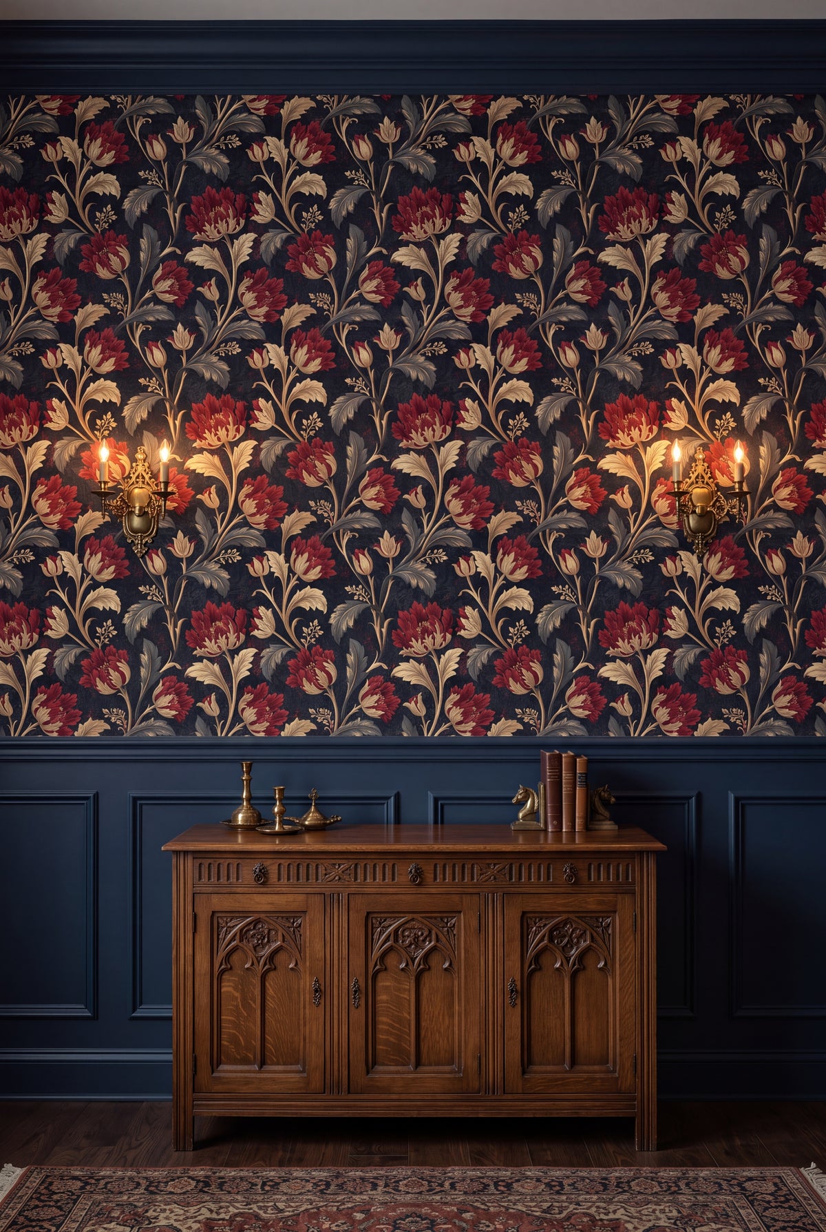 Crimson Abbey wallpaper shown in a dining room