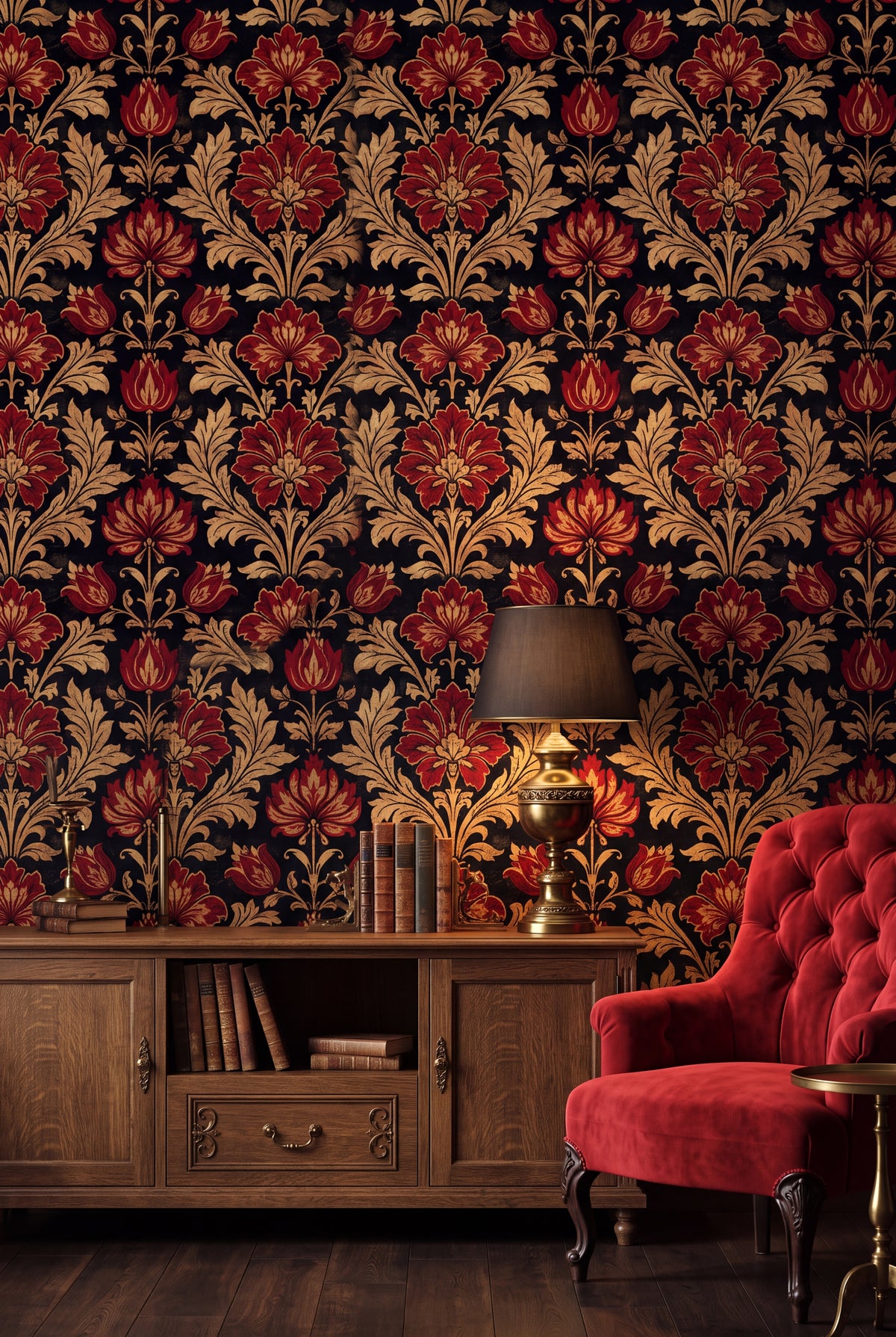 Scarlet Reliquary wallpaper shown in a living room