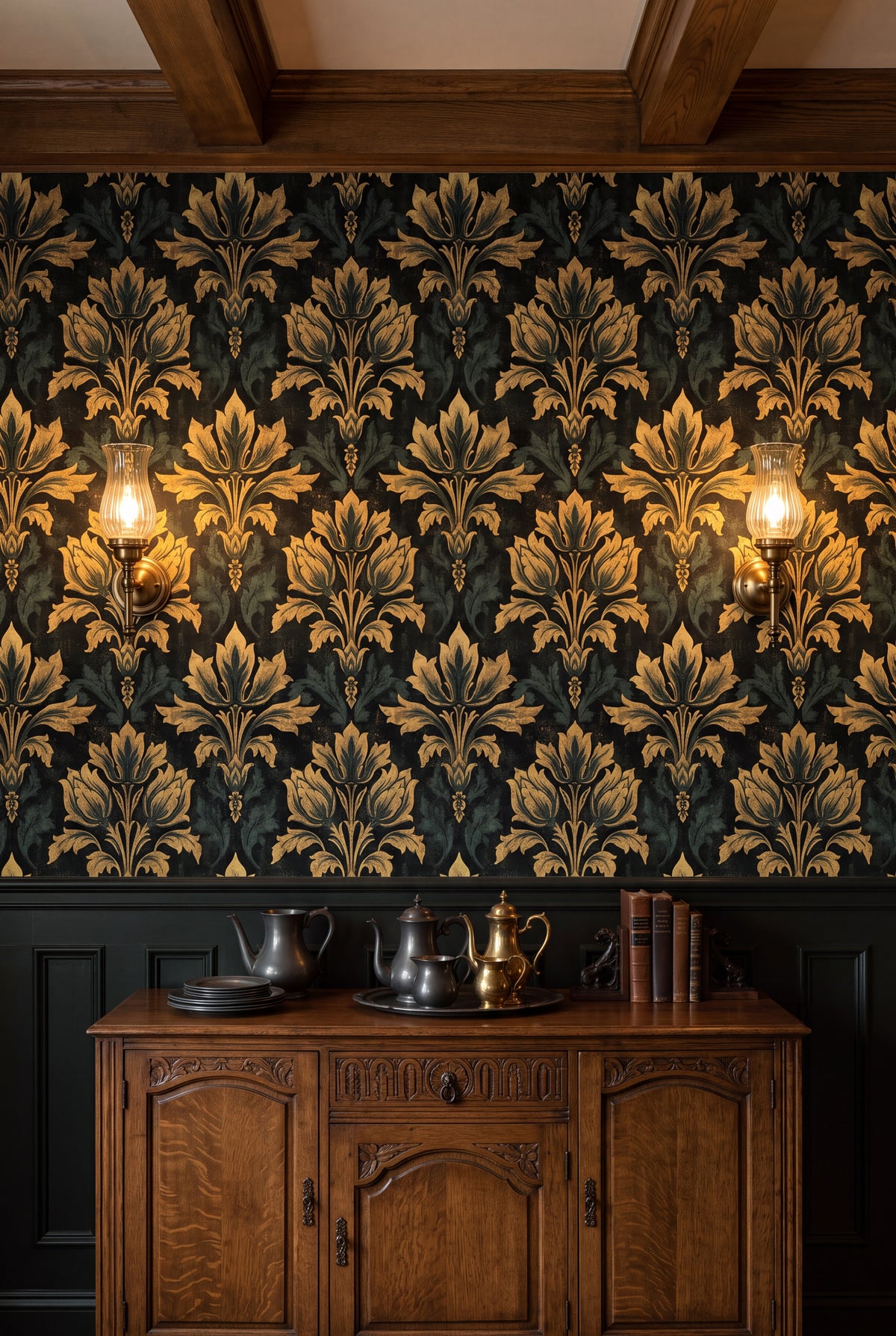 Abbey Gold wallpaper shown in a dining room