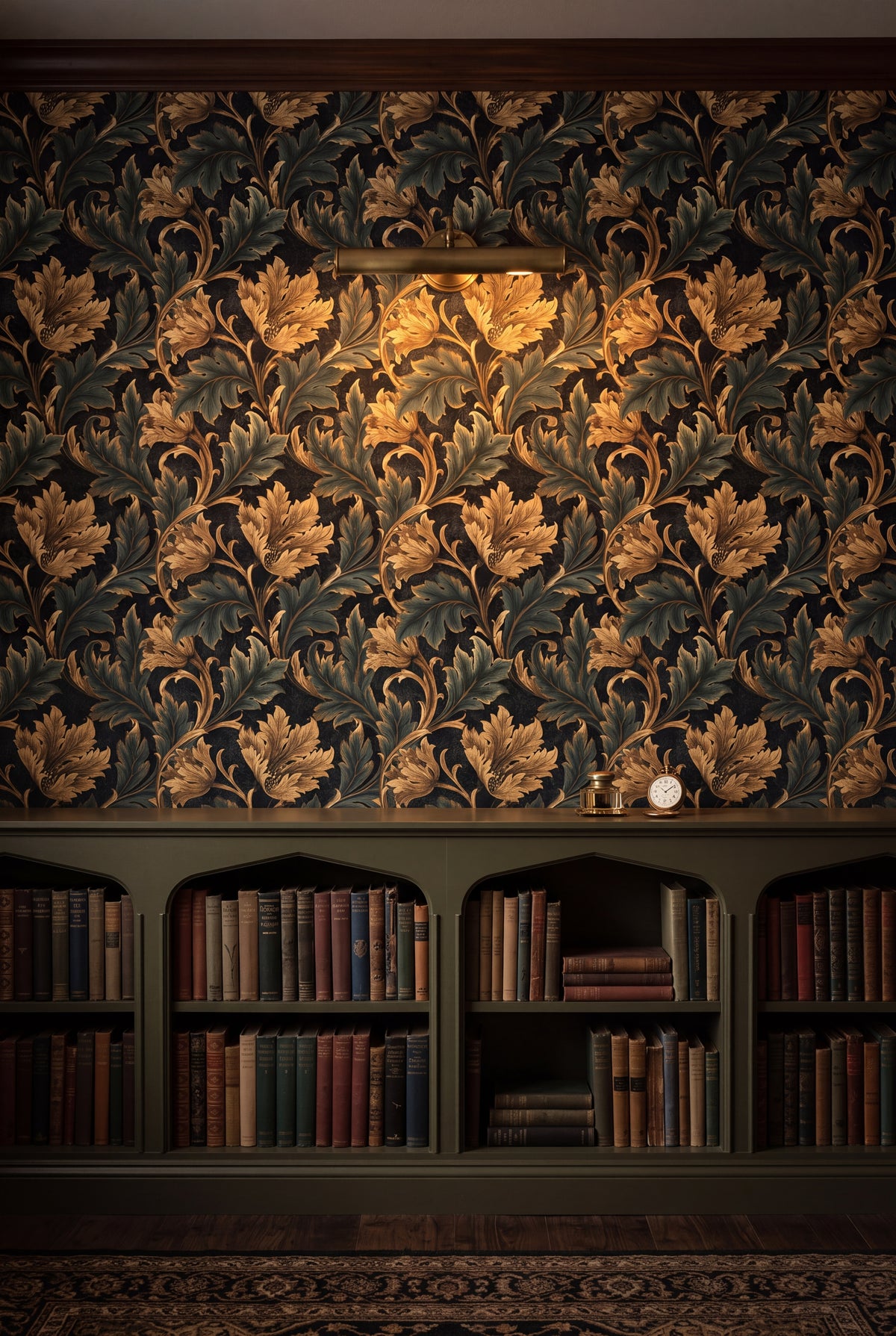 Verdant Choir wallpaper shown in a library