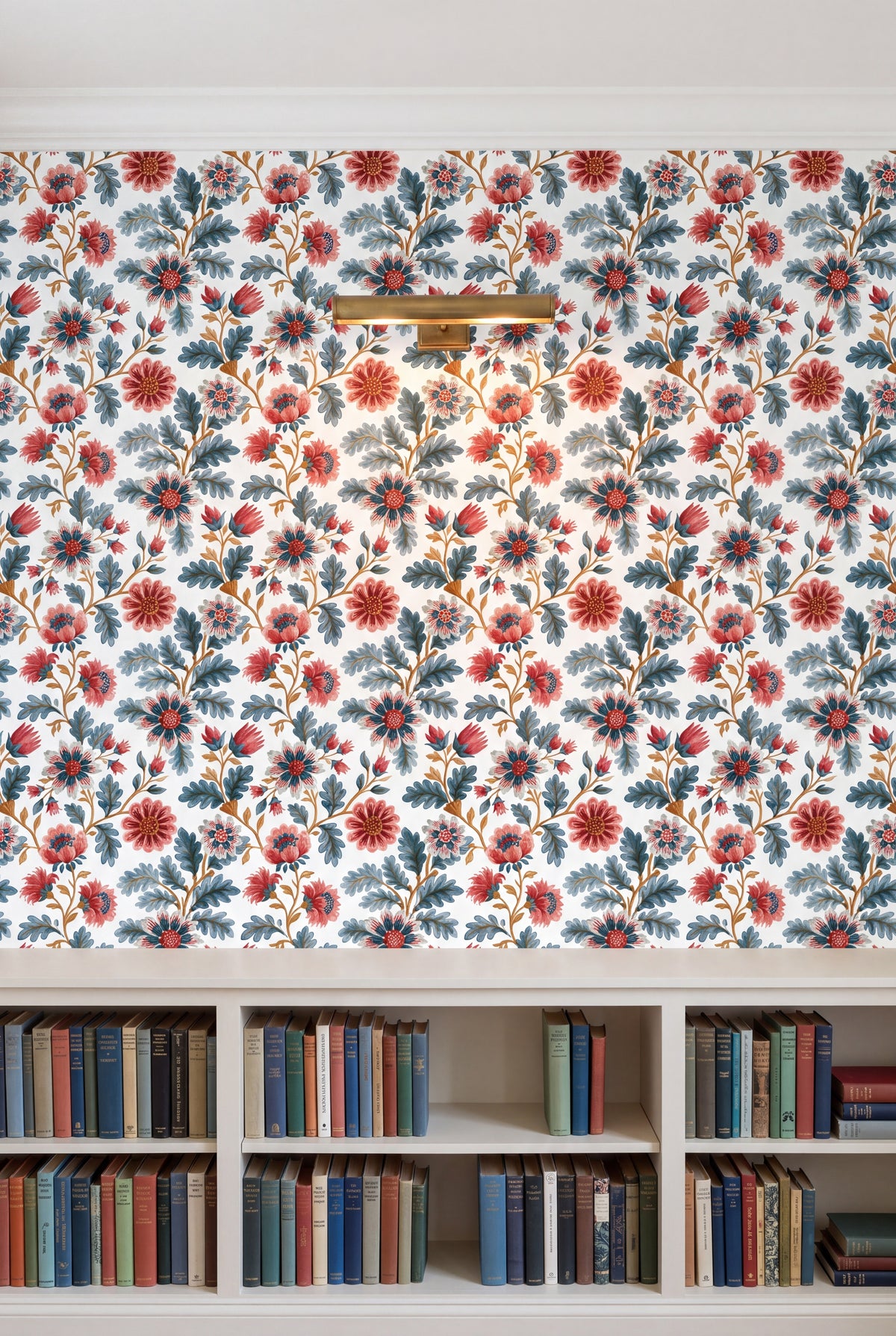 Cranberry Chintz wallpaper shown in a library
