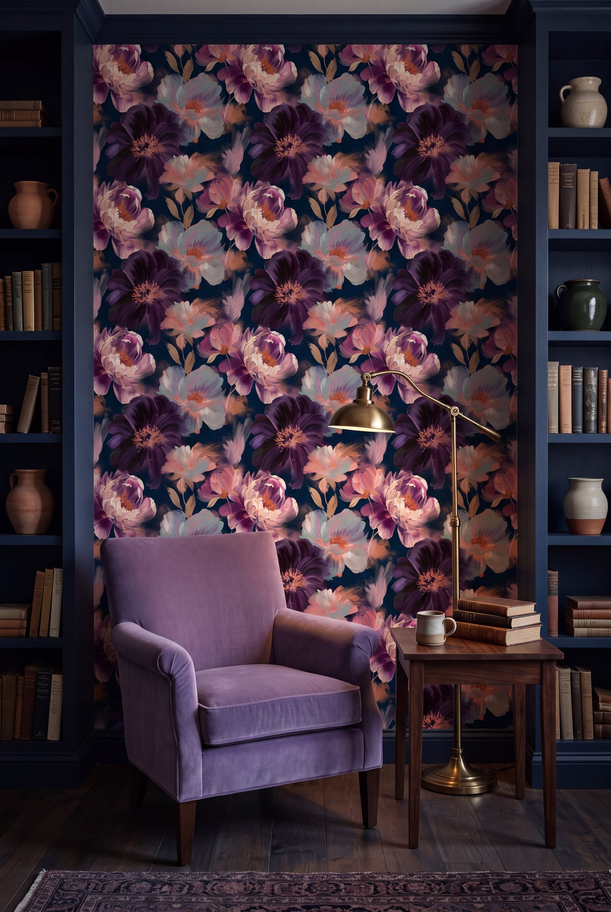 Violet Peony wallpaper shown in a reading nook