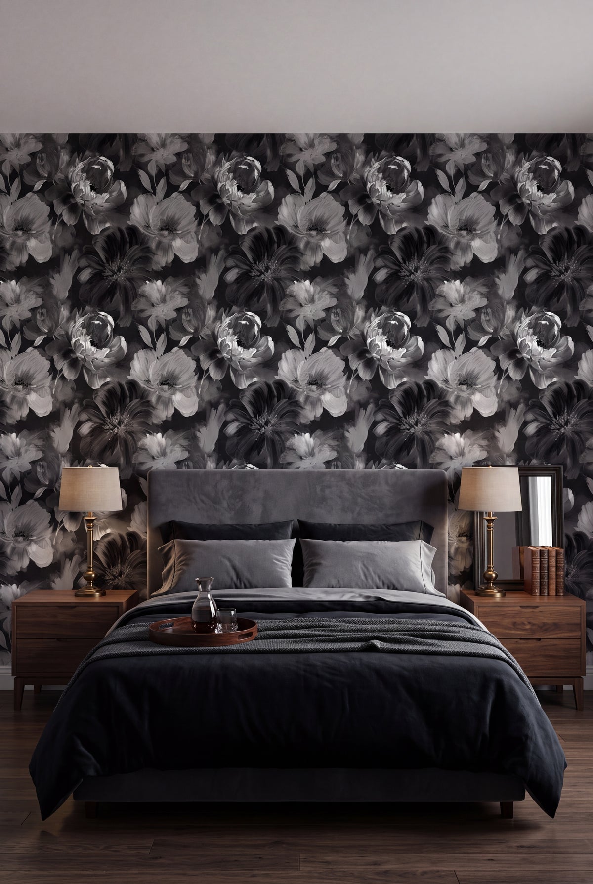 Ink Peony wallpaper shown in a bedroom