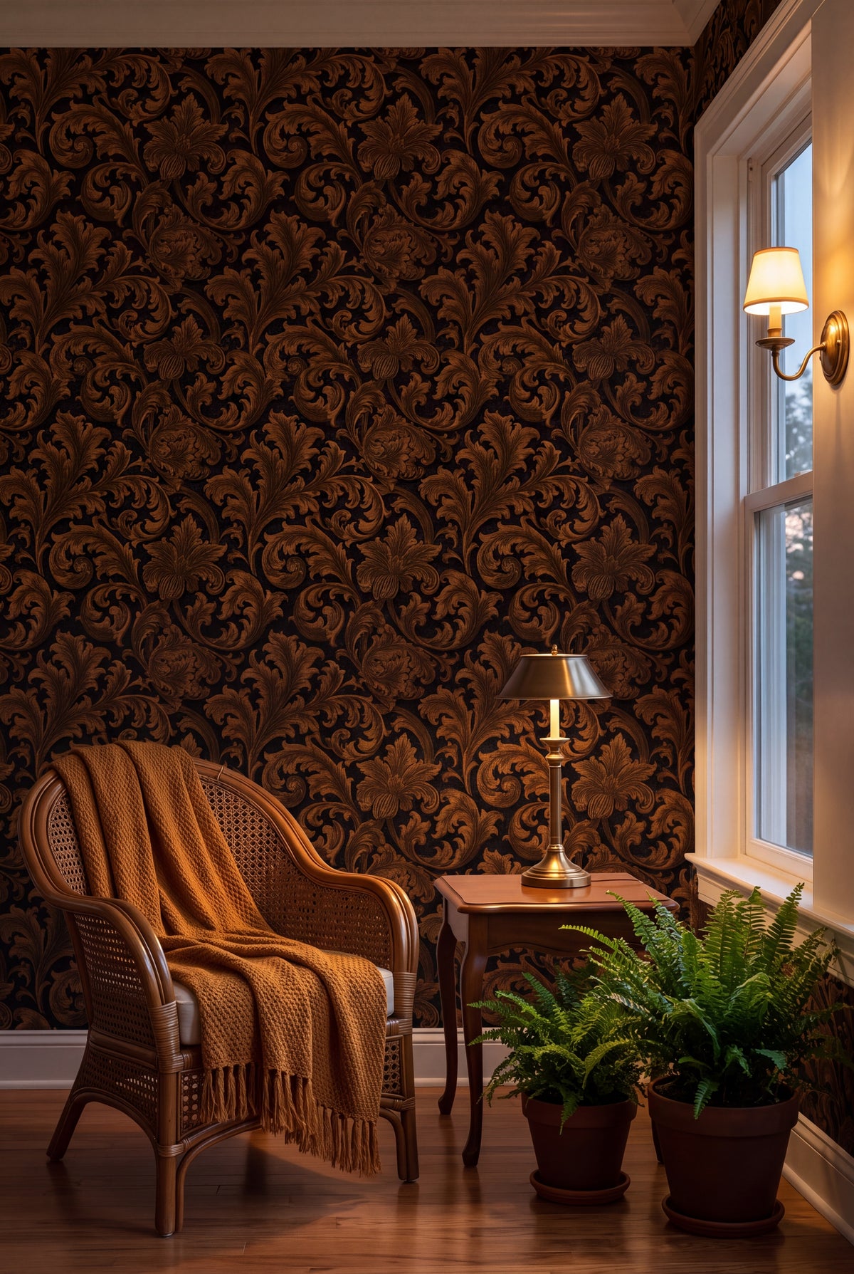 Amber Acanthus wallpaper shown in a sunroom