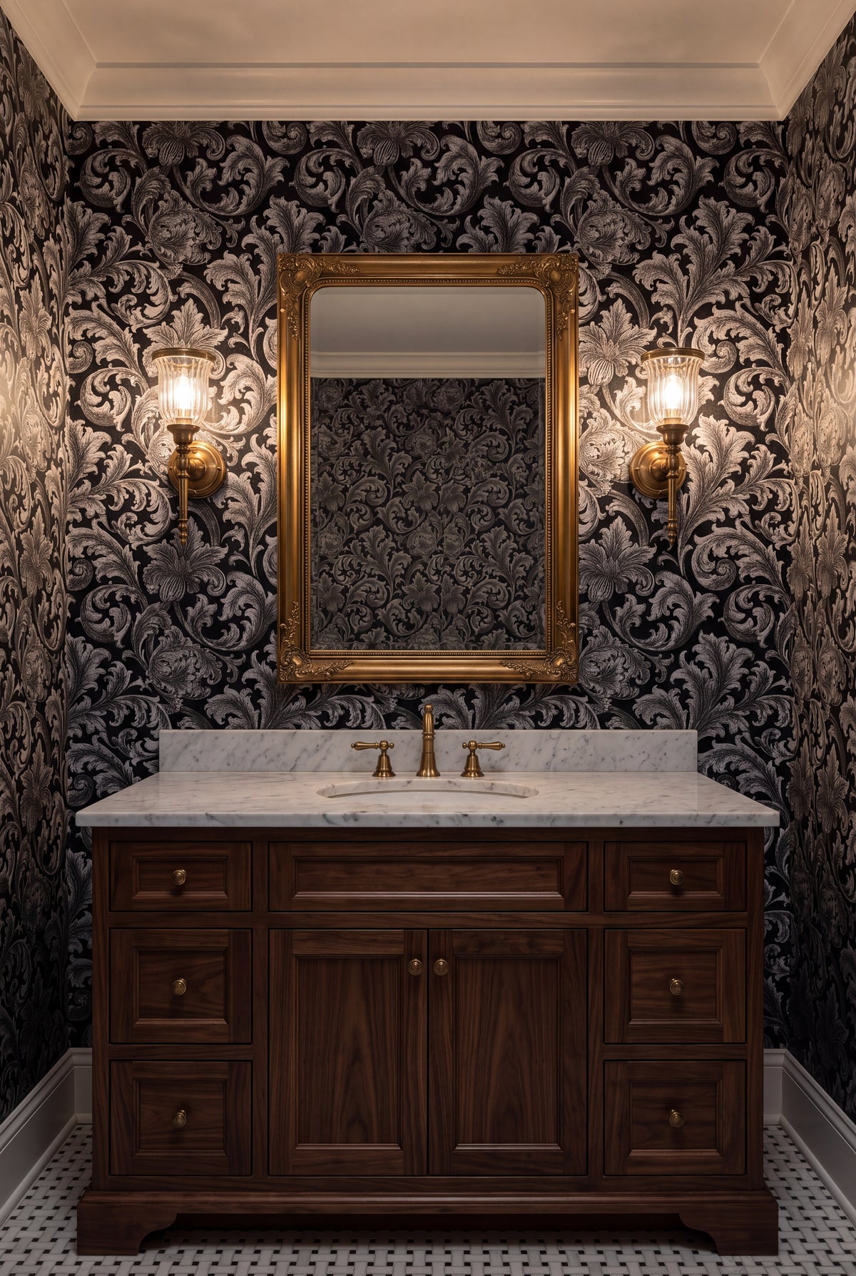 Silver Acanthus wallpaper shown in a powder room