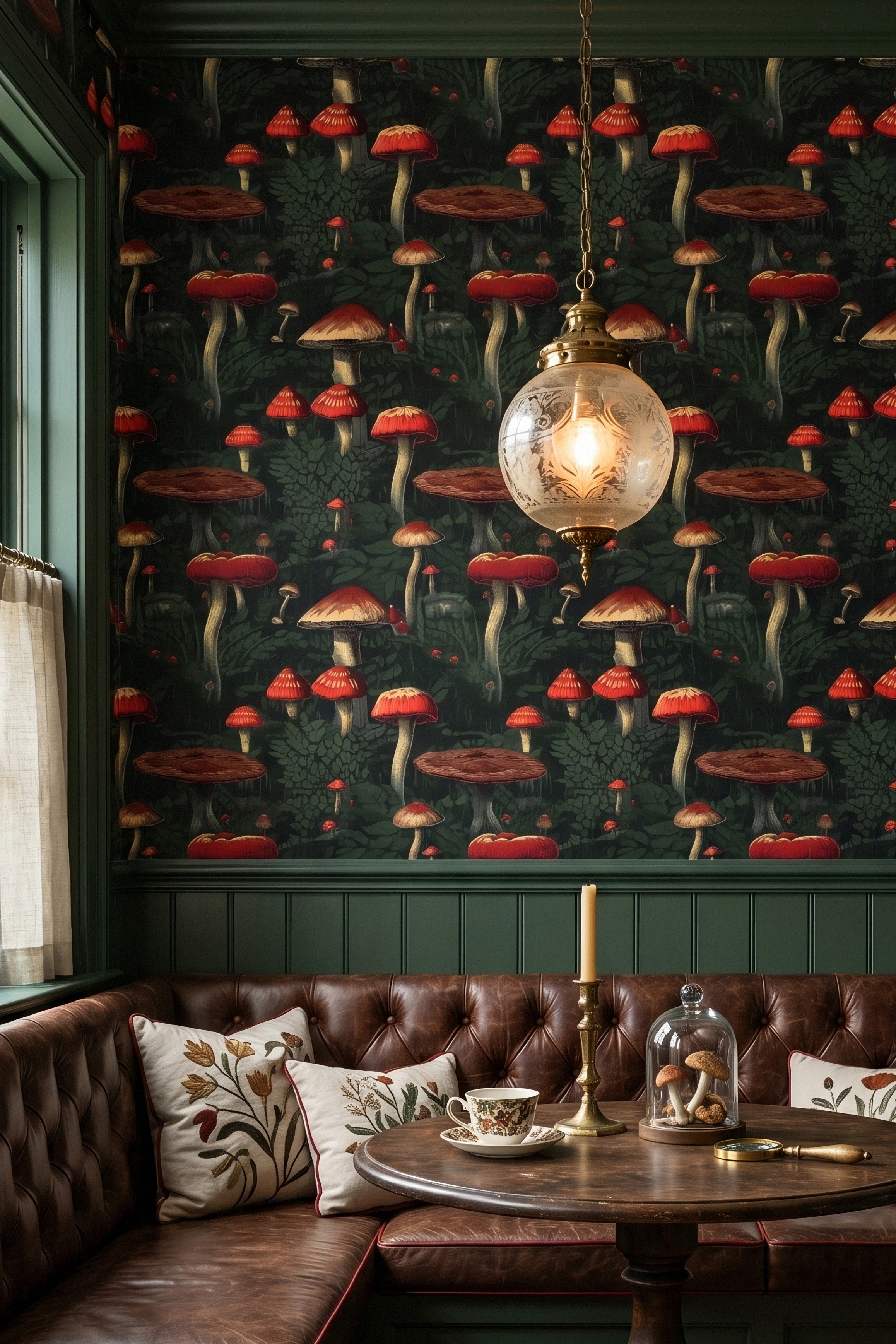 Deep red toadstools and woodland leaves on a moody wallpaper in a cozy nook.