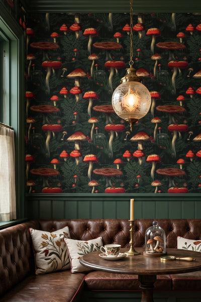 Deep red toadstools and woodland leaves on a moody wallpaper in a cozy nook.