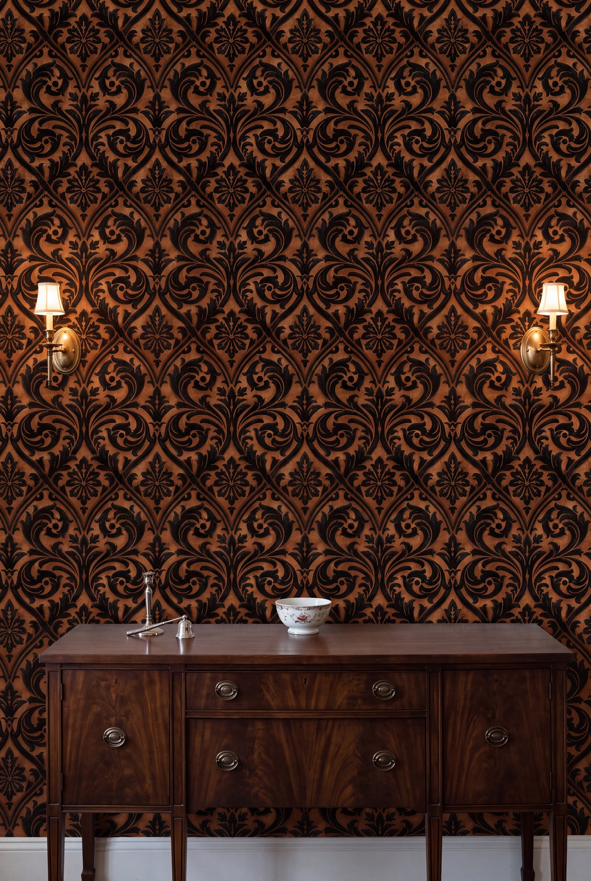 Amber Silhouette wallpaper shown in a dining room
