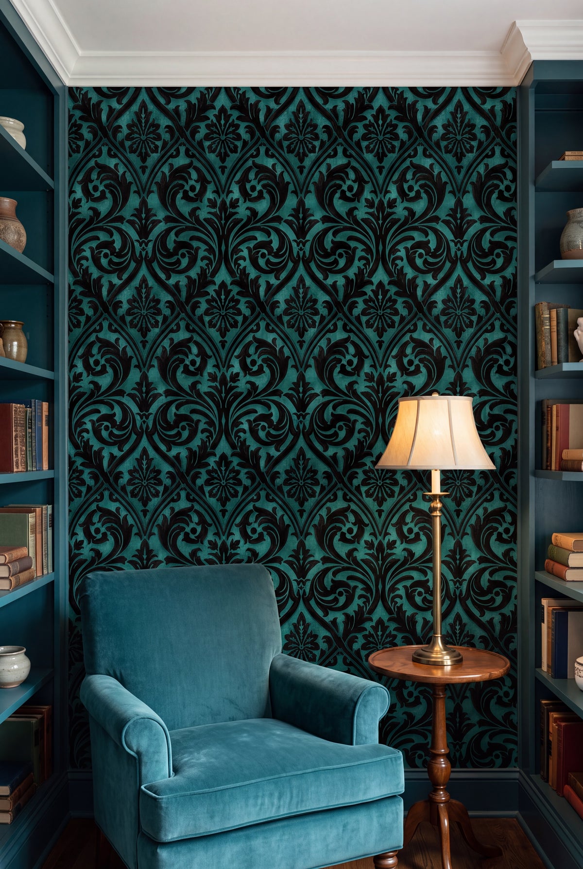 Teal Silhouette wallpaper shown in a reading nook