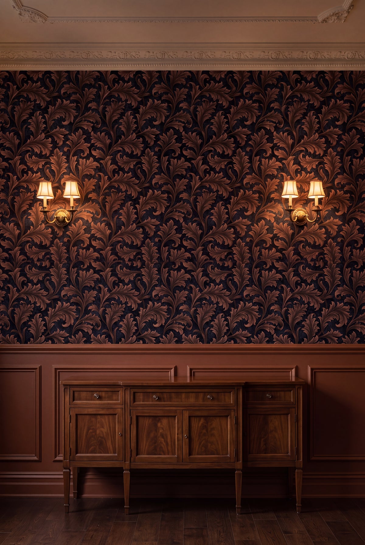 Copper Frond wallpaper shown in a dining room