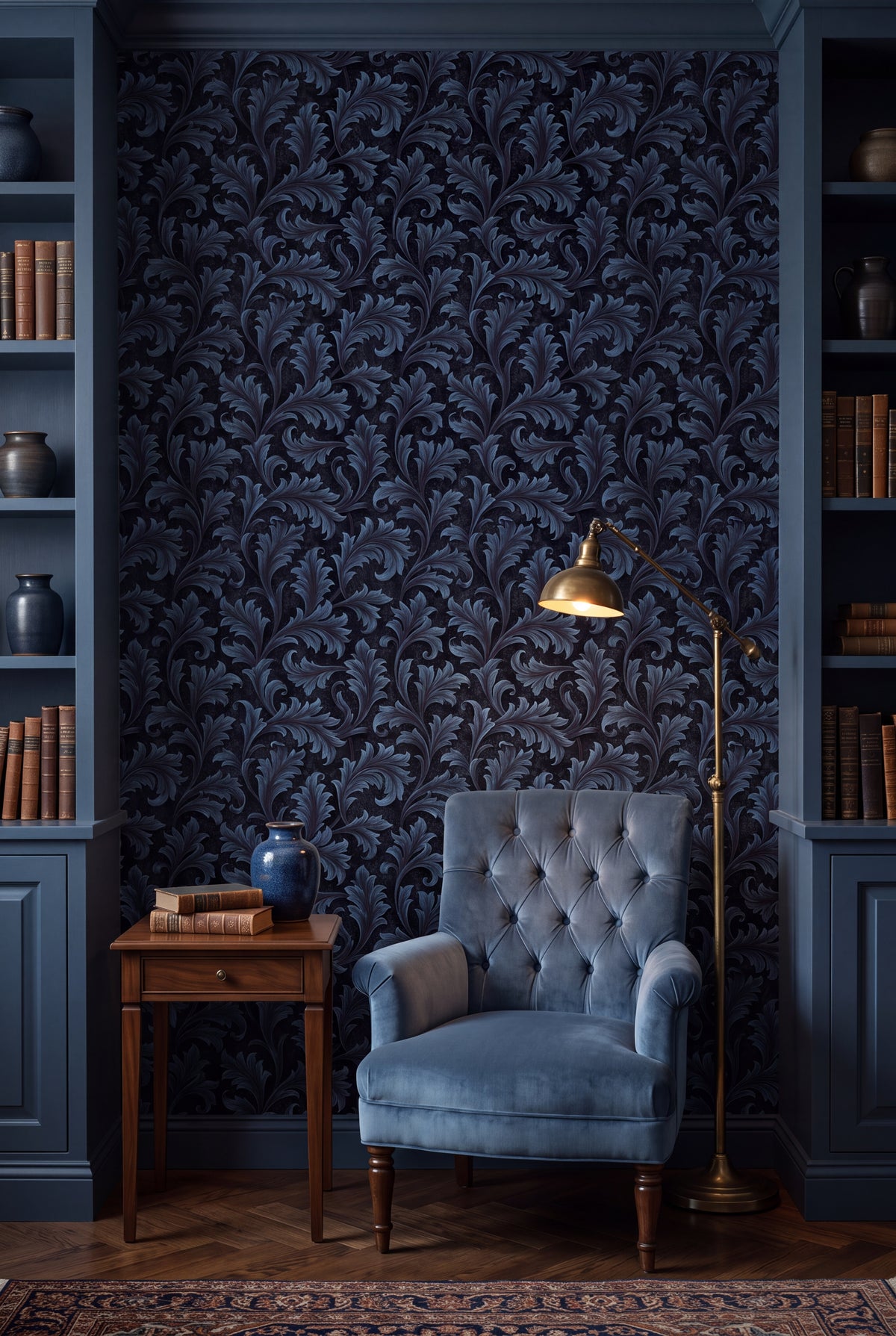 Steel Frond wallpaper shown in a reading nook