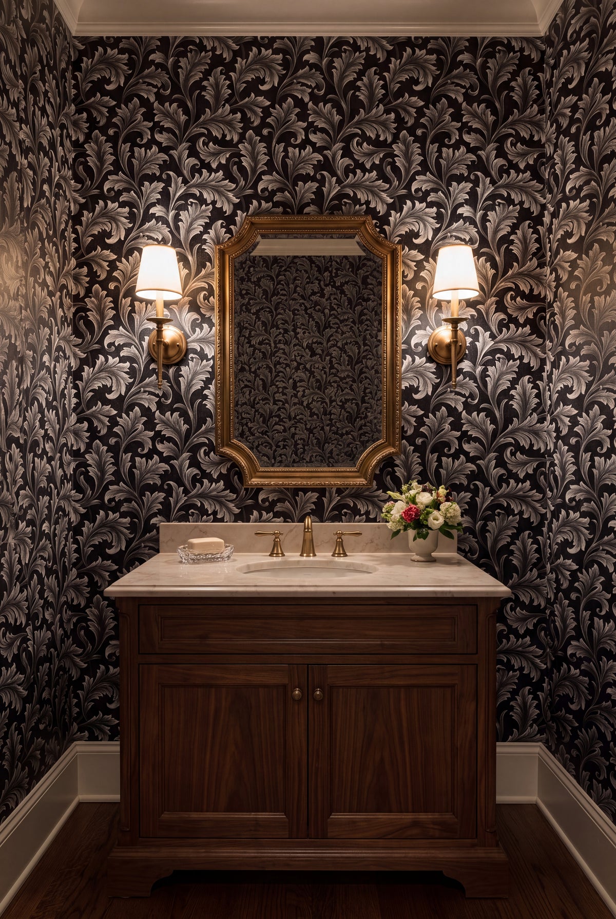 Pearl Frond wallpaper shown in a powder room