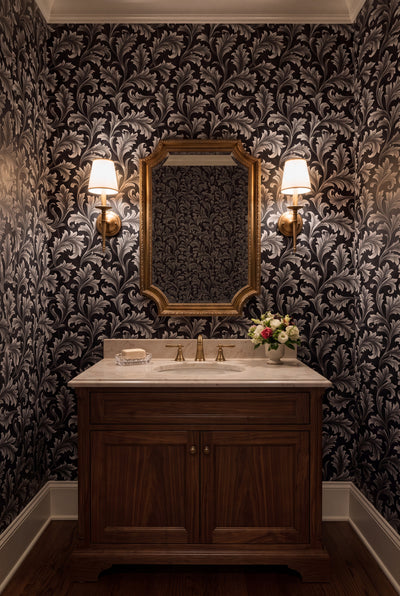 Pearl Frond wallpaper shown in a powder room