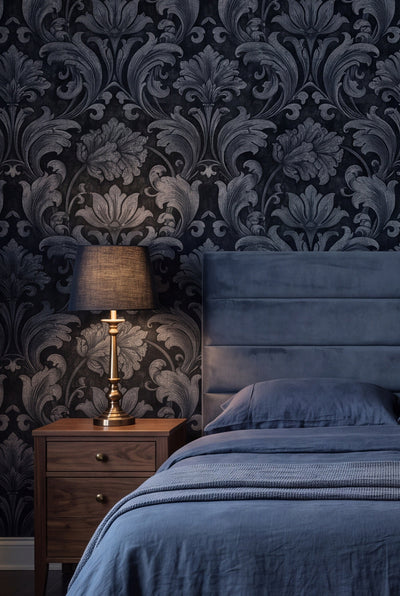 Slate Damask wallpaper shown in a bedroom