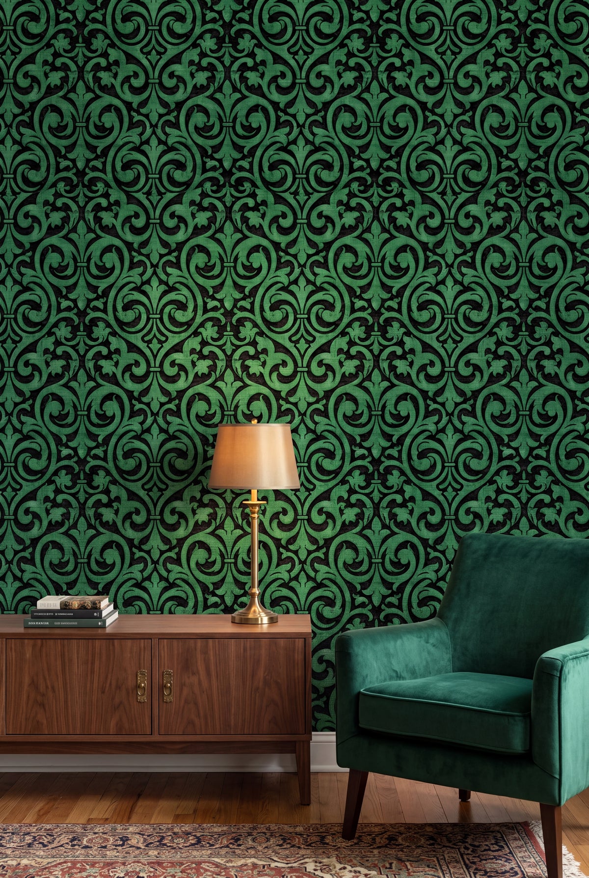 Emerald Fleur wallpaper shown in a living room
