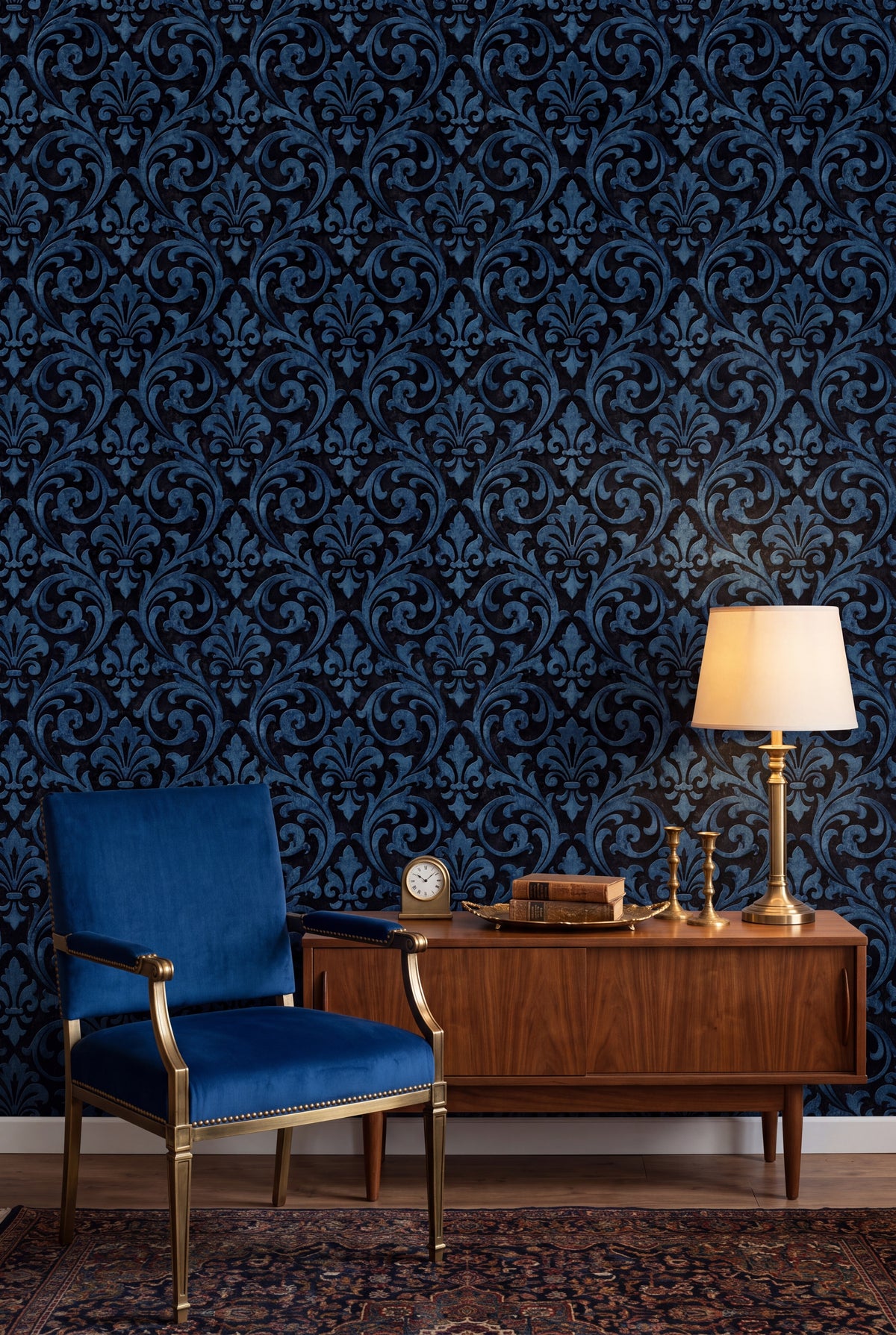 Cobalt Scrollwork wallpaper shown in a living room