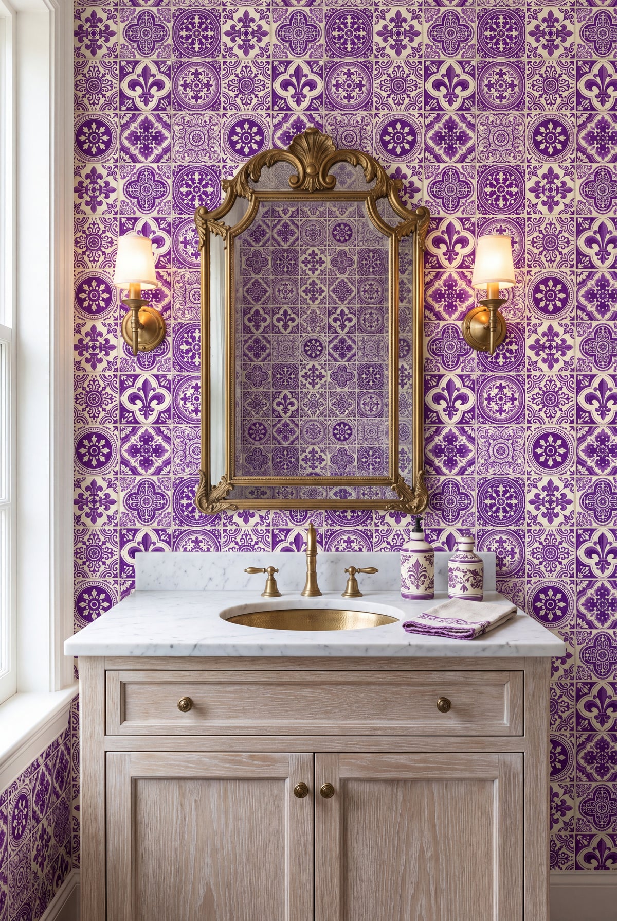 Lisbon Violet wallpaper shown in a powder room