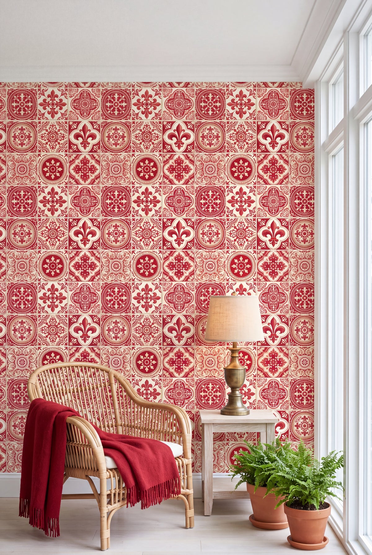 Lisbon Crimson wallpaper shown in a sunroom
