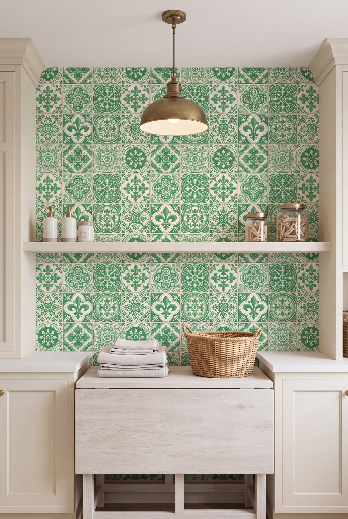 Lisbon Verde wallpaper shown in a laundry room
