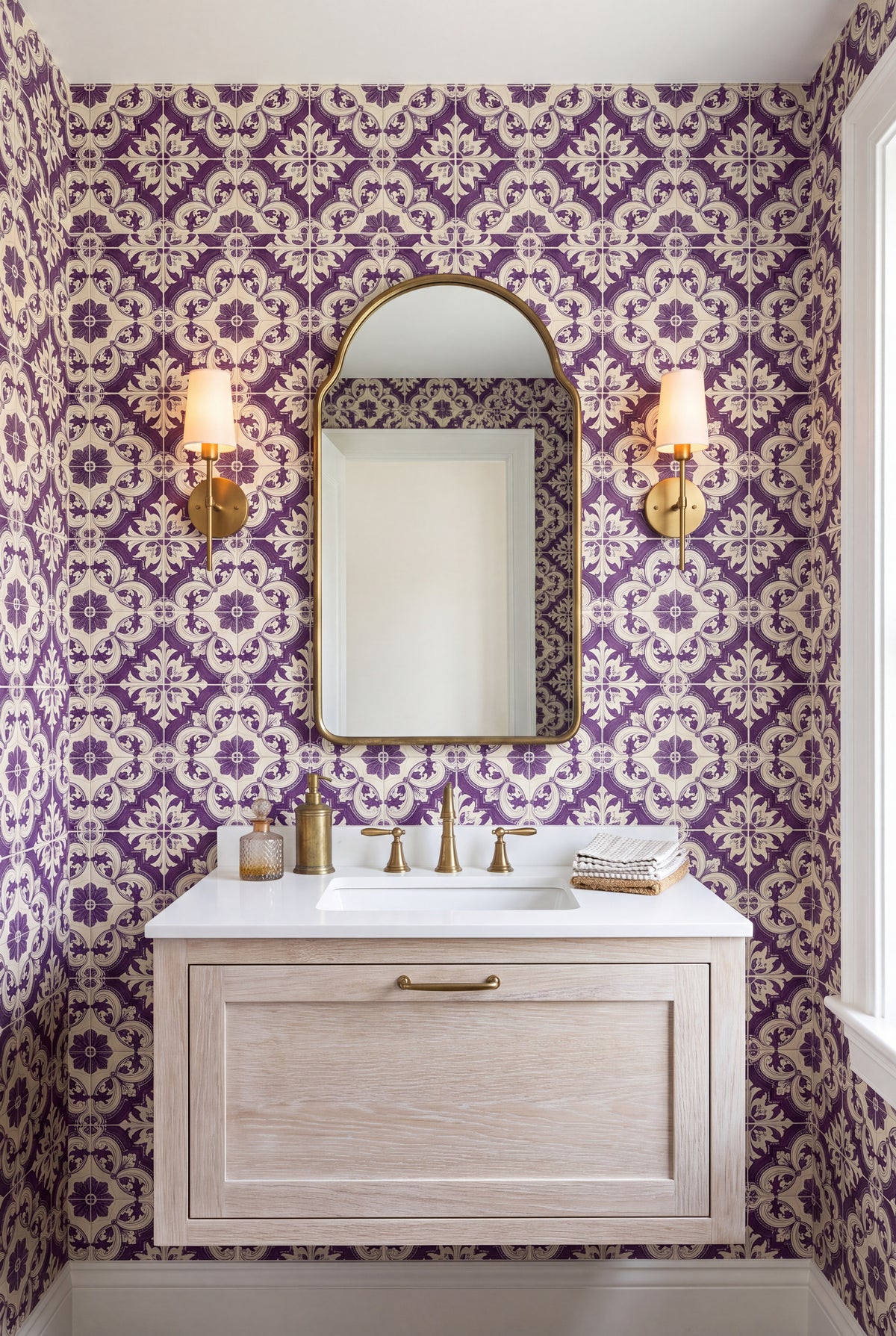 Porto Violet wallpaper shown in a powder room
