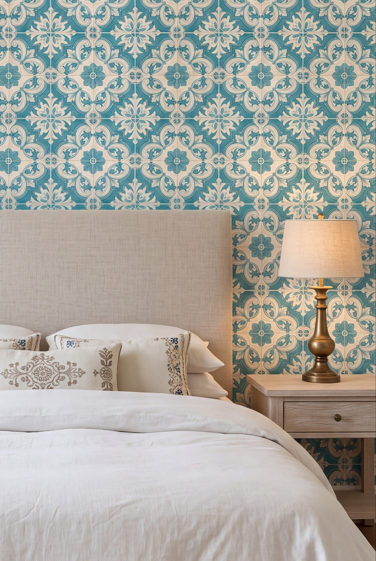 Porto Teal wallpaper shown in a bedroom
