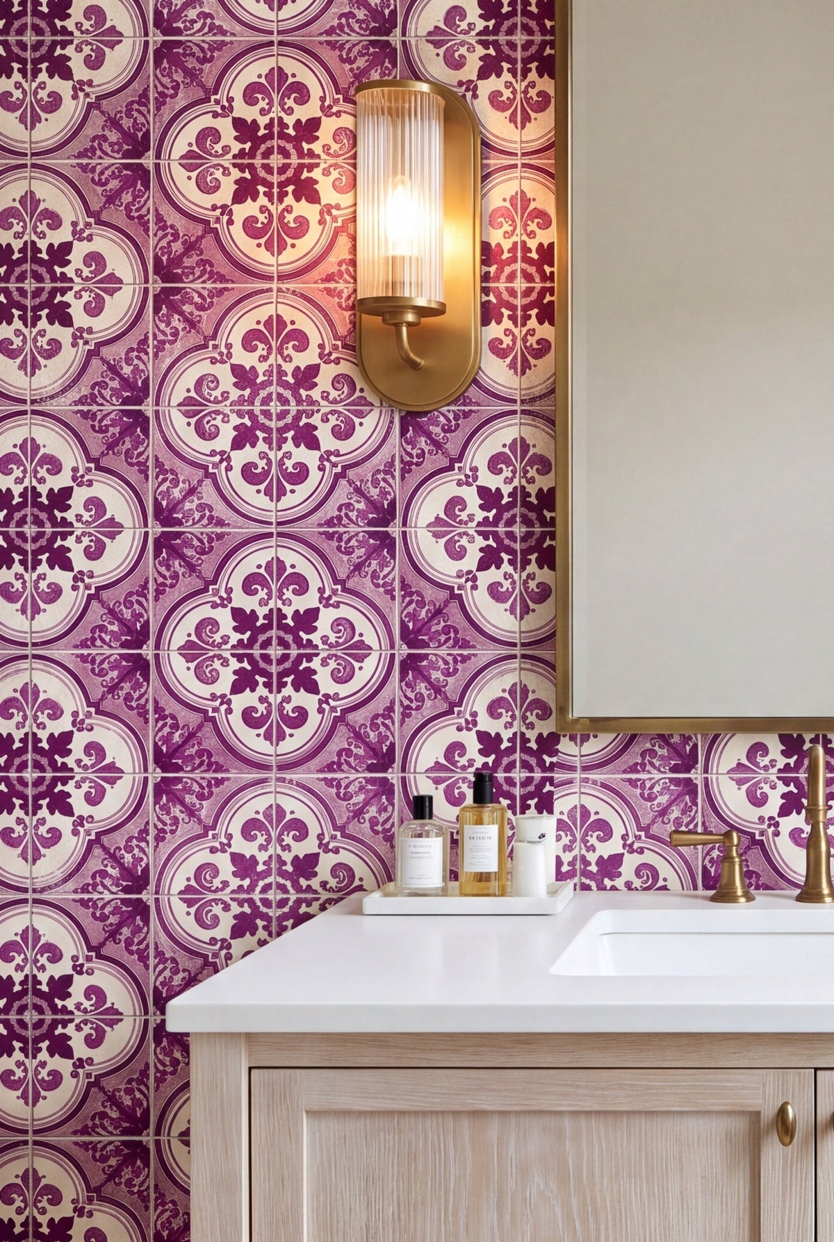 Sintra Plum wallpaper shown in a powder room