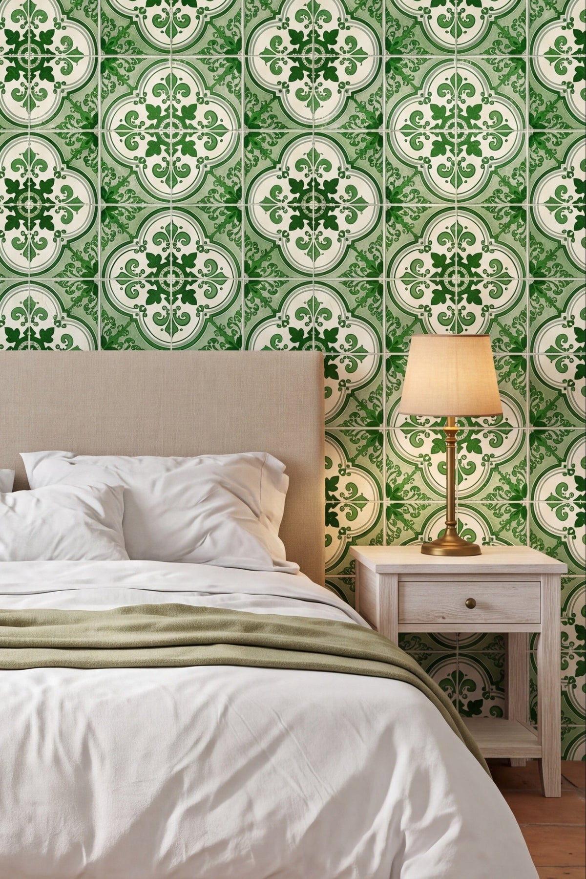 Sintra Green wallpaper shown in a bedroom