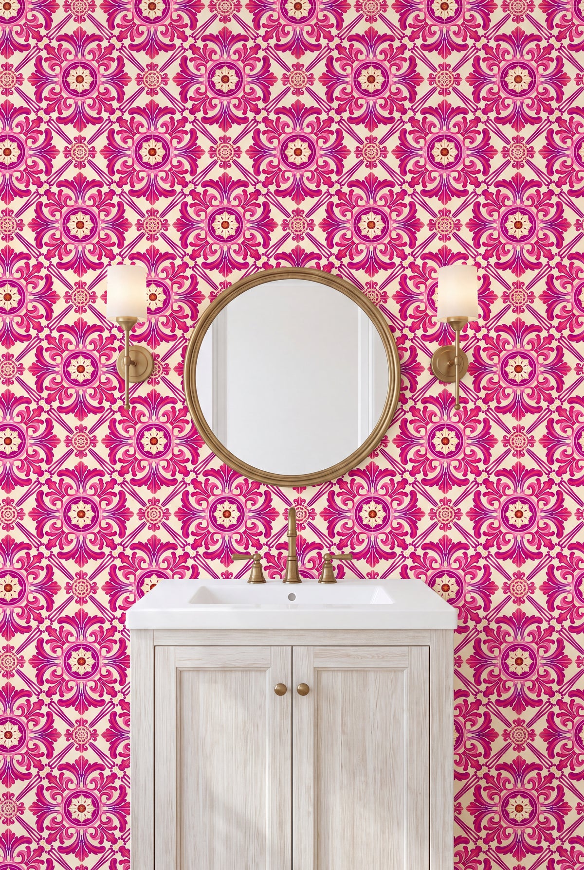 Coimbra Rose wallpaper shown in a powder room