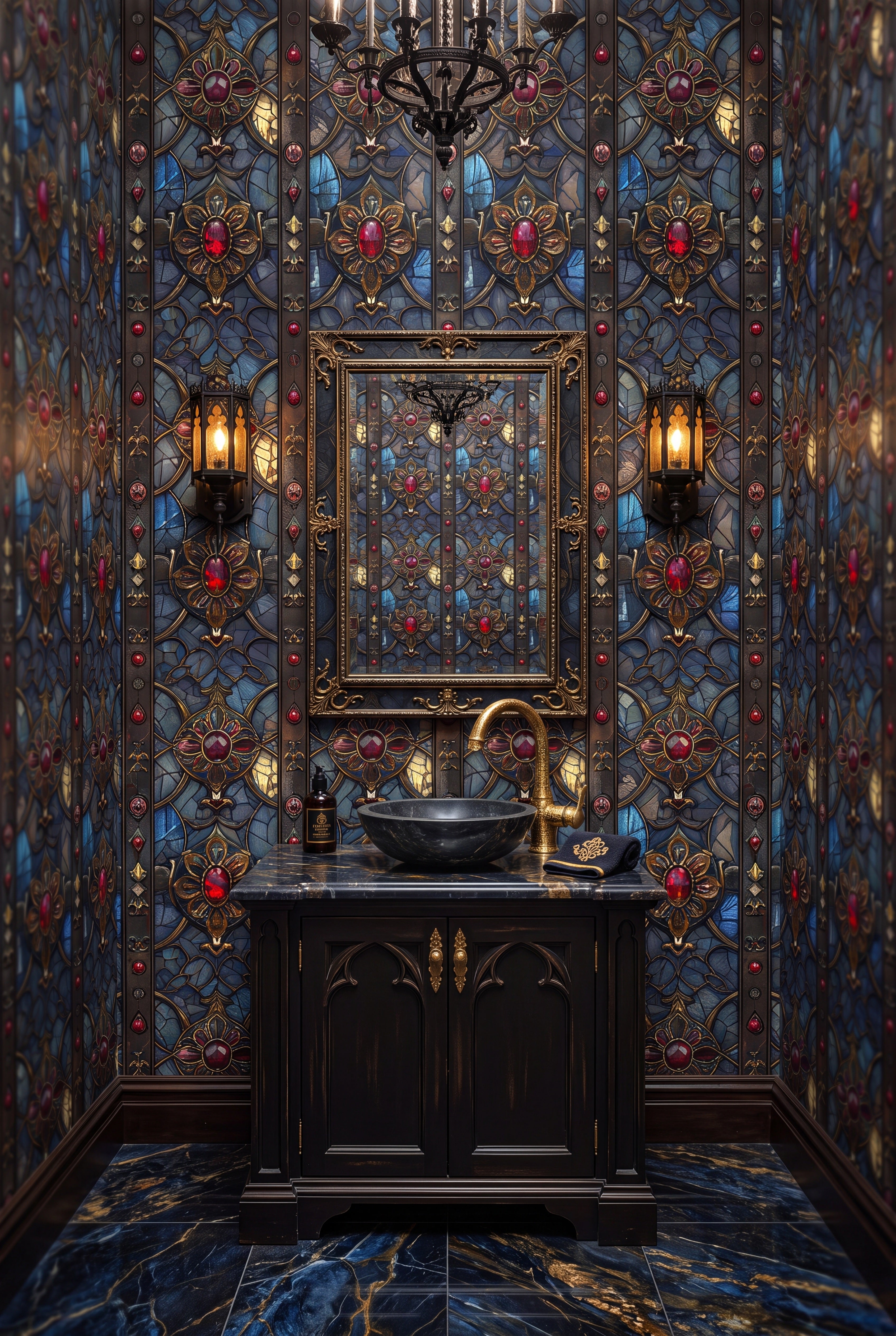 Deep blue stained-glass tracery with ruby and gold wallpaper in a powder room.