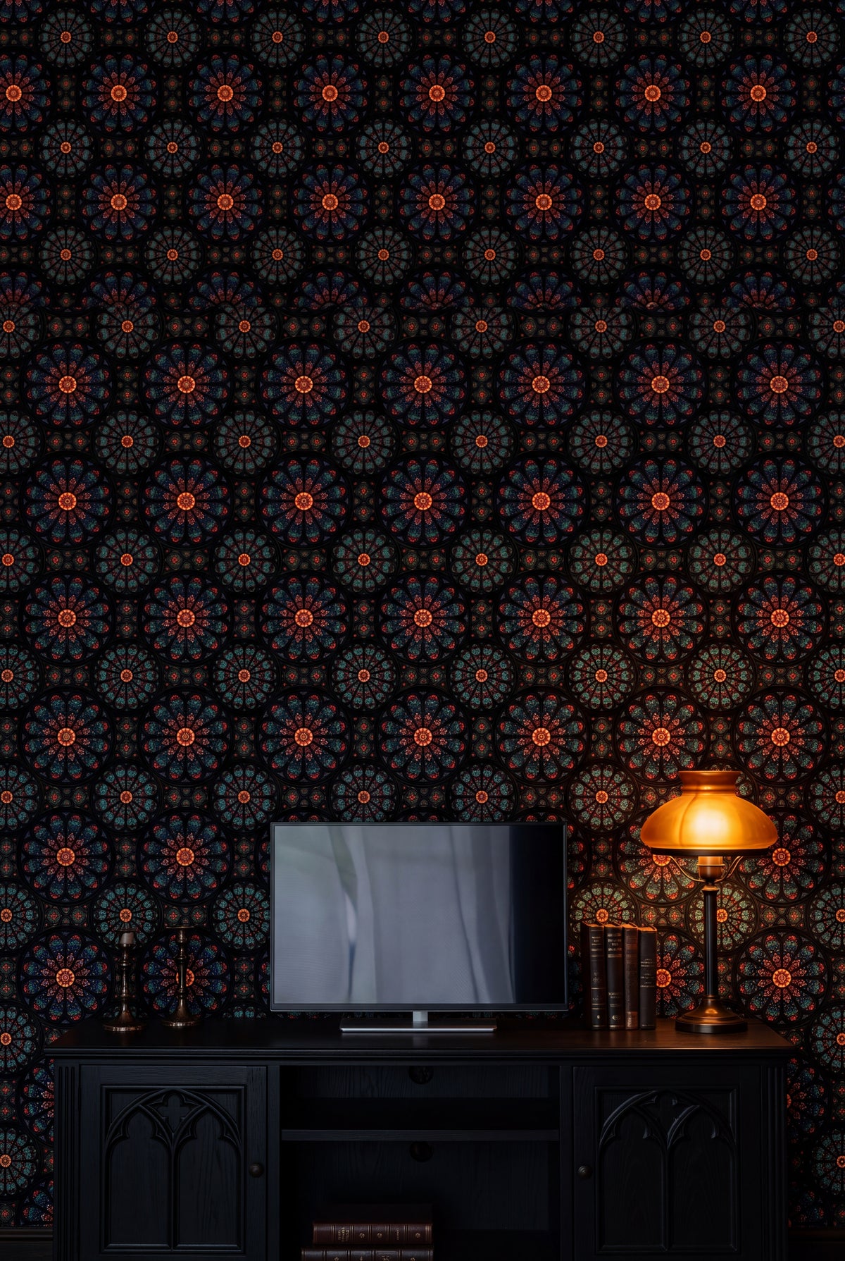 Vesper Rosette wallpaper shown in a media room