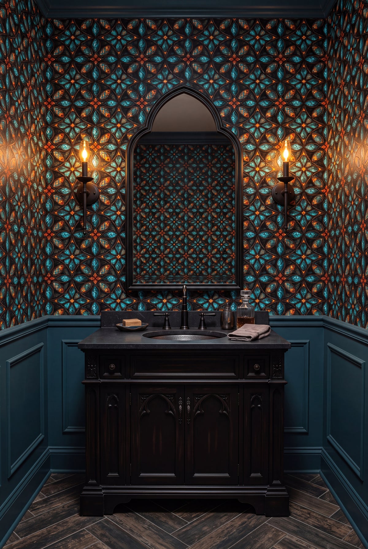 Teal Quatrefoil wallpaper shown in a powder room