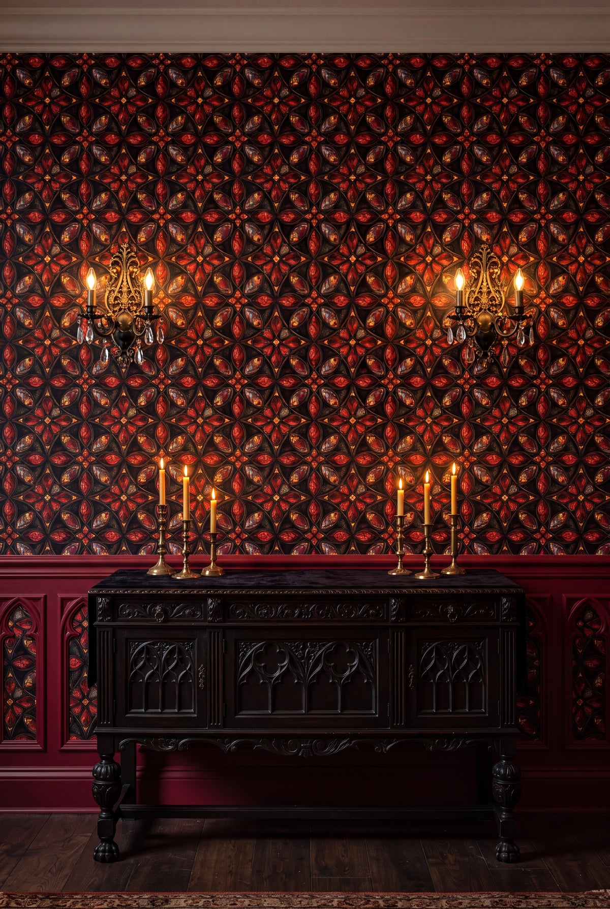 Crimson Quatrefoil wallpaper shown in a dining room