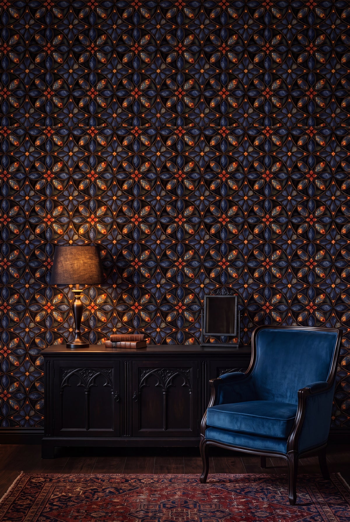 Sapphire Quatrefoil wallpaper shown in a living room