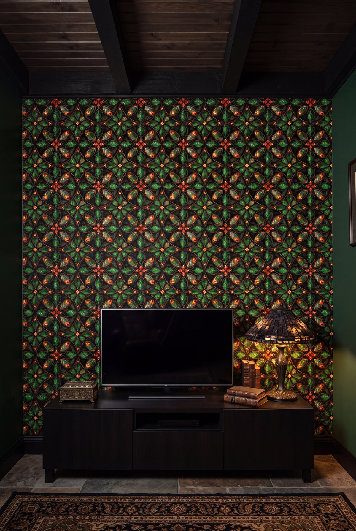 Forest Quatrefoil wallpaper shown in a media room