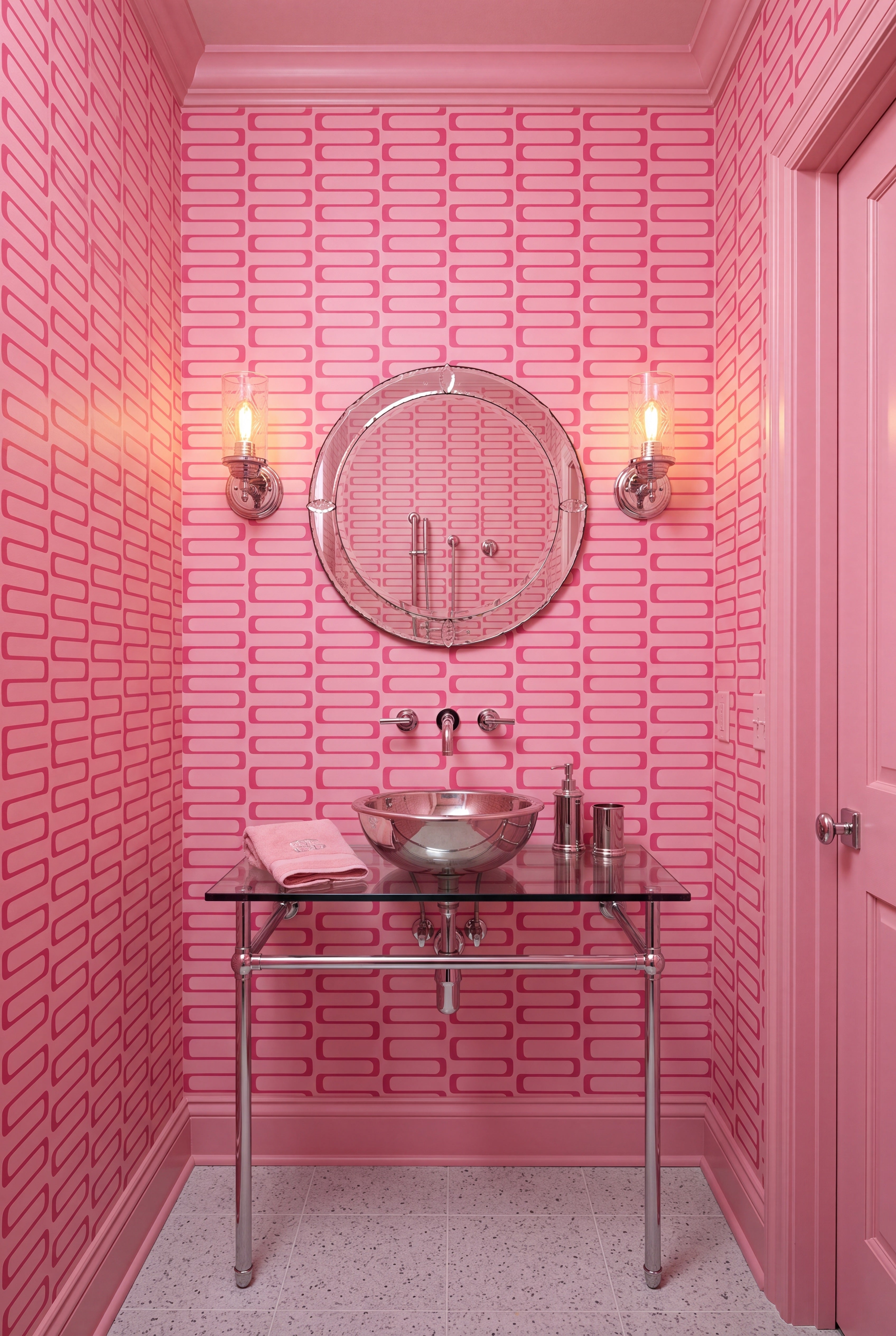 Playful wiggling lines on a tonal pink midcentury wallpaper in a powder room.