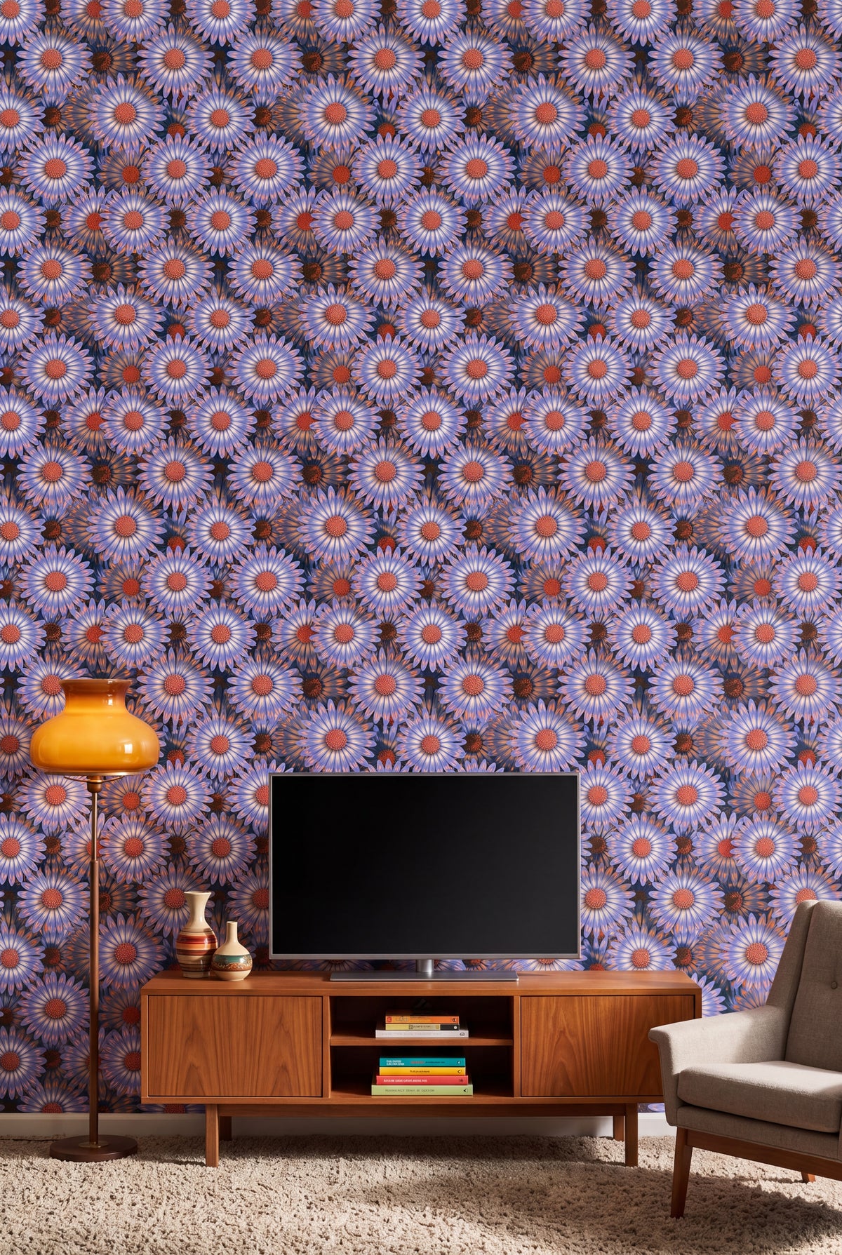 Periwinkle Daisy wallpaper shown in a media room