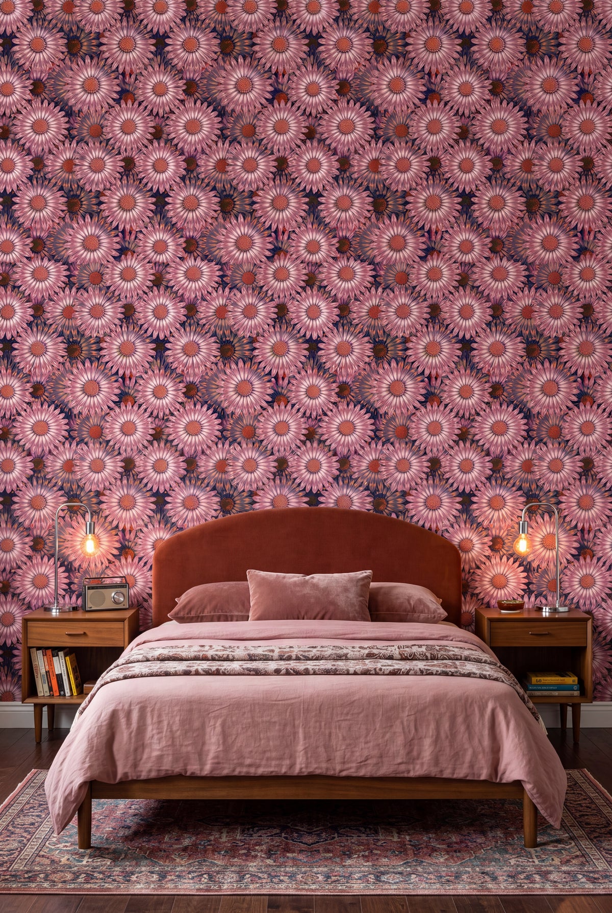 Blush Daisy wallpaper shown in a bedroom