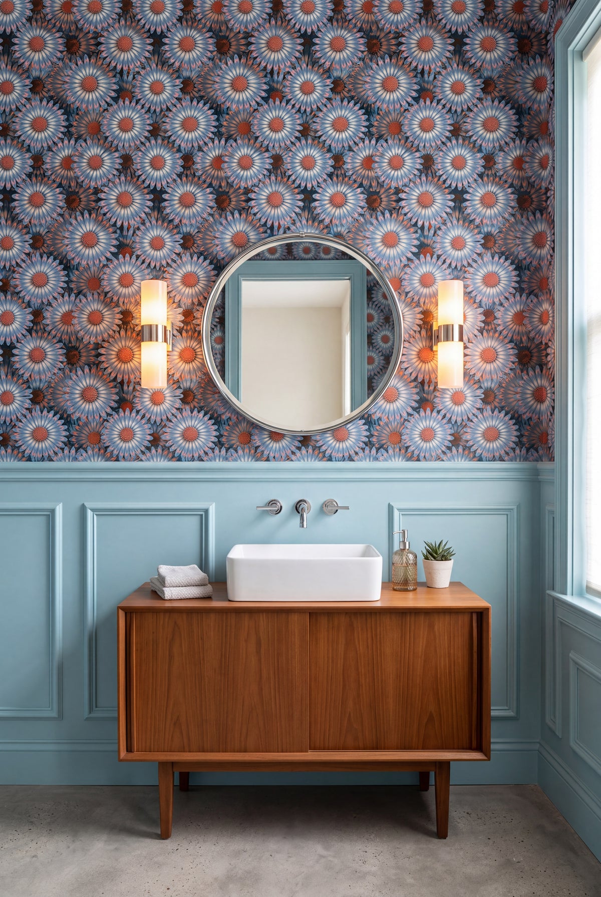 Lagoon Daisy wallpaper shown in a powder room
