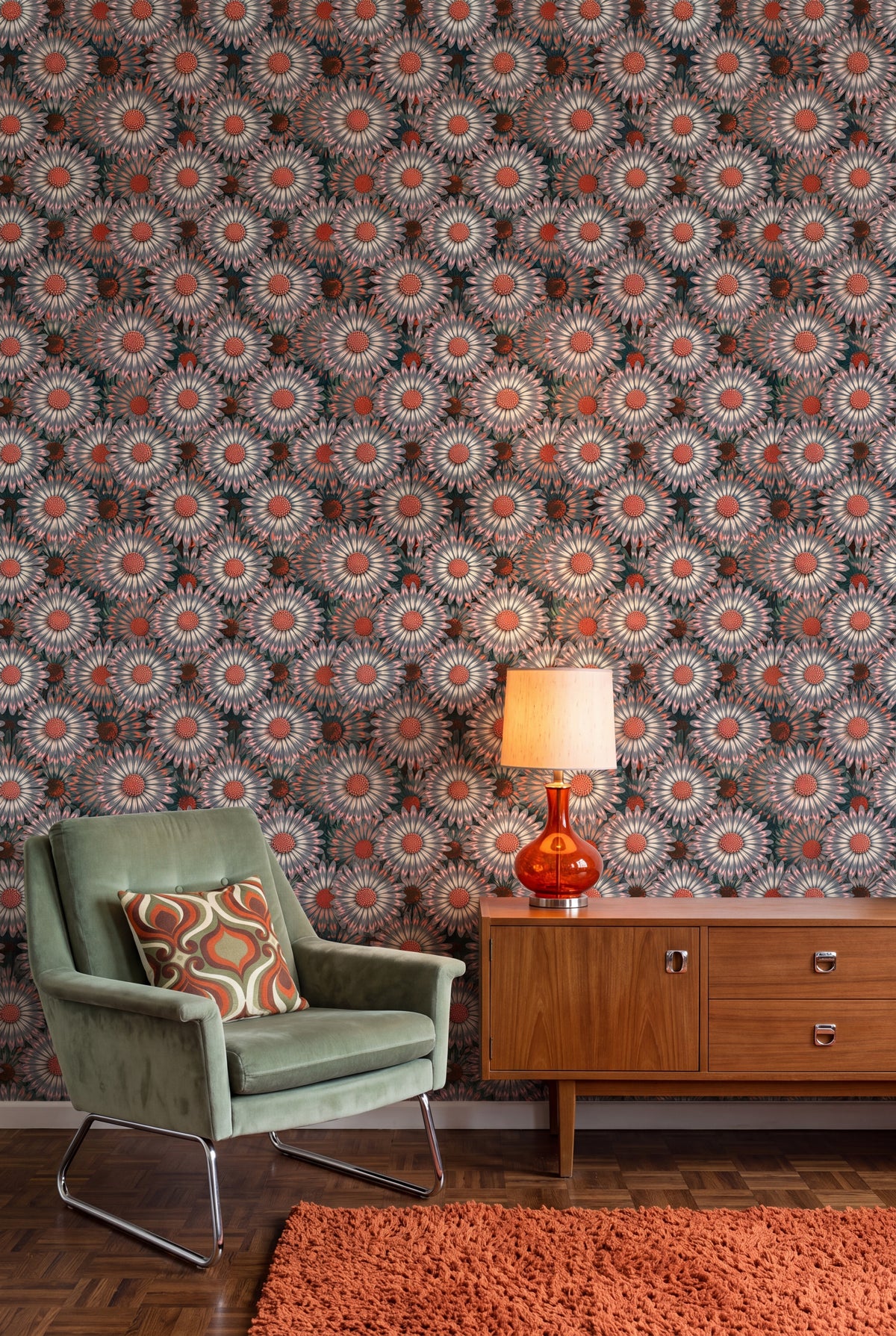 Sage Daisy wallpaper shown in a living room