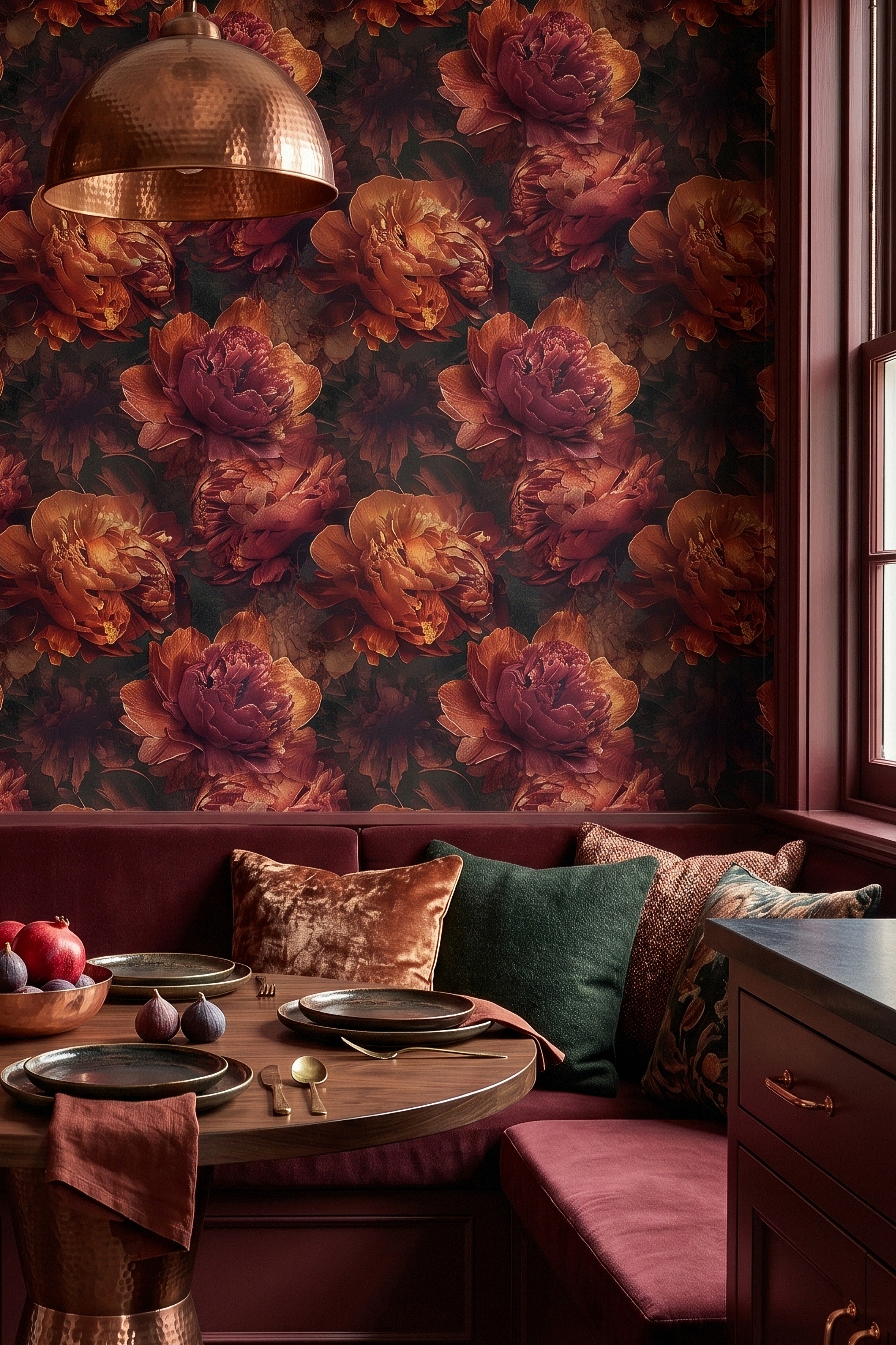 Dark orange peonies on true black floral wallpaper in a kitchen nook.